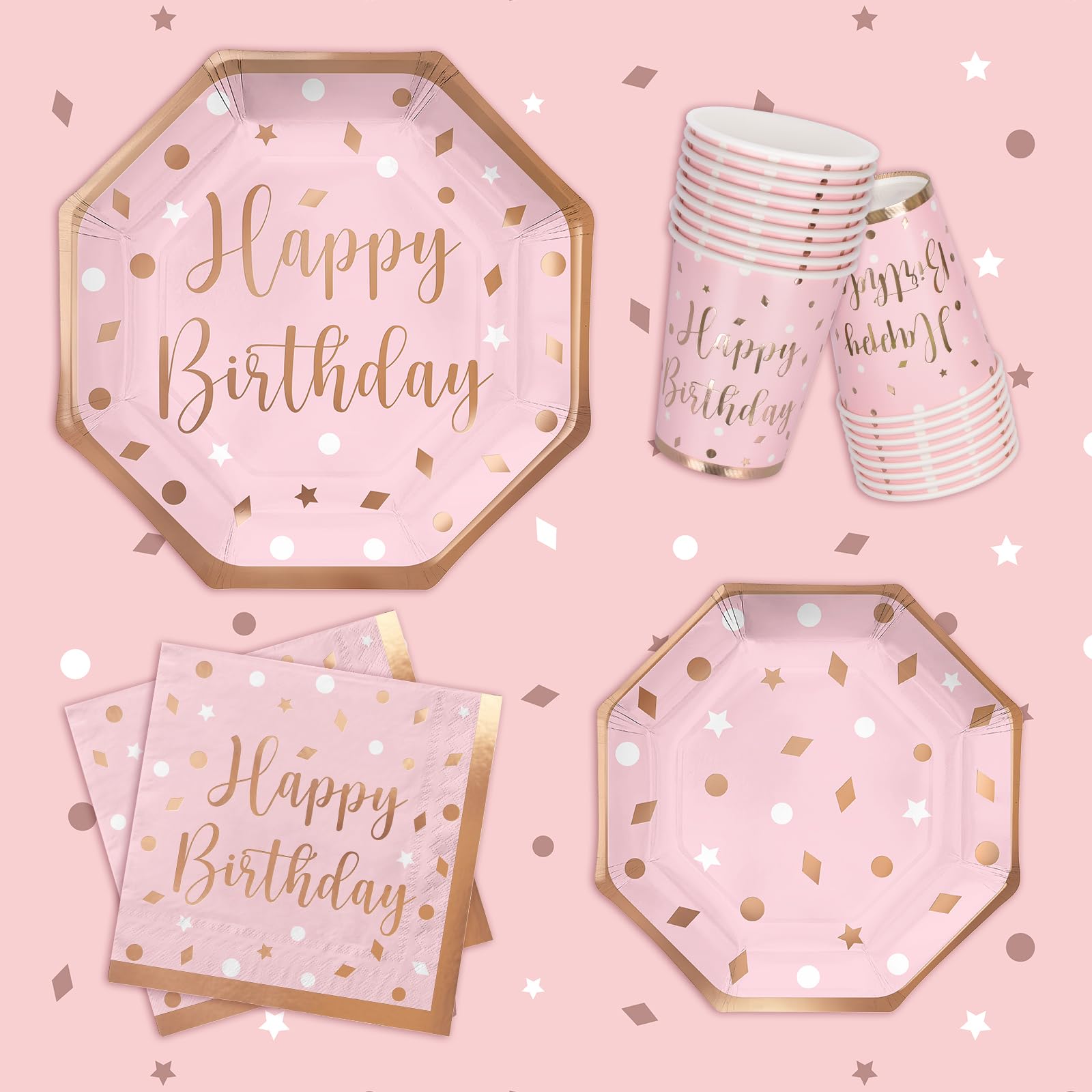 Gatherfun Rose Gold Birthday Party Supplies Set - 16-Pack Disposable Paper Plates, Napkins & Cups for Women's Celebration - Elegant Tableware for Bridal Showers, Baby Showers & Birthday Parties