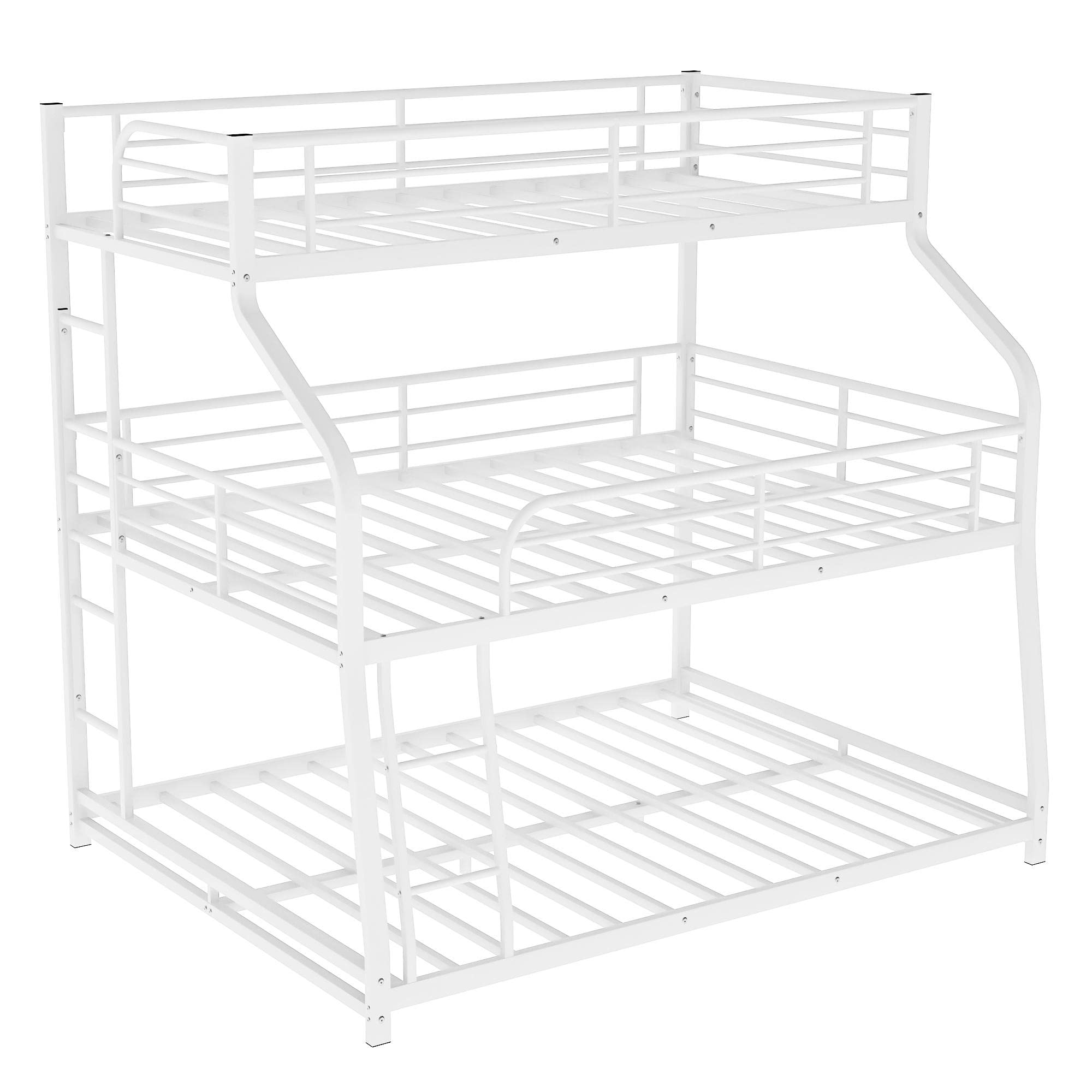 Twin XL/Full XL/Queen Triple Bunk Bed Frame with 2 Built-in Ladders & Full-Length Guardrail - Heavy Duty Metal Bunk Bed in White - Perfect for Kids' Rooms, Dormitories & Space-Saving Bedroom Solutions