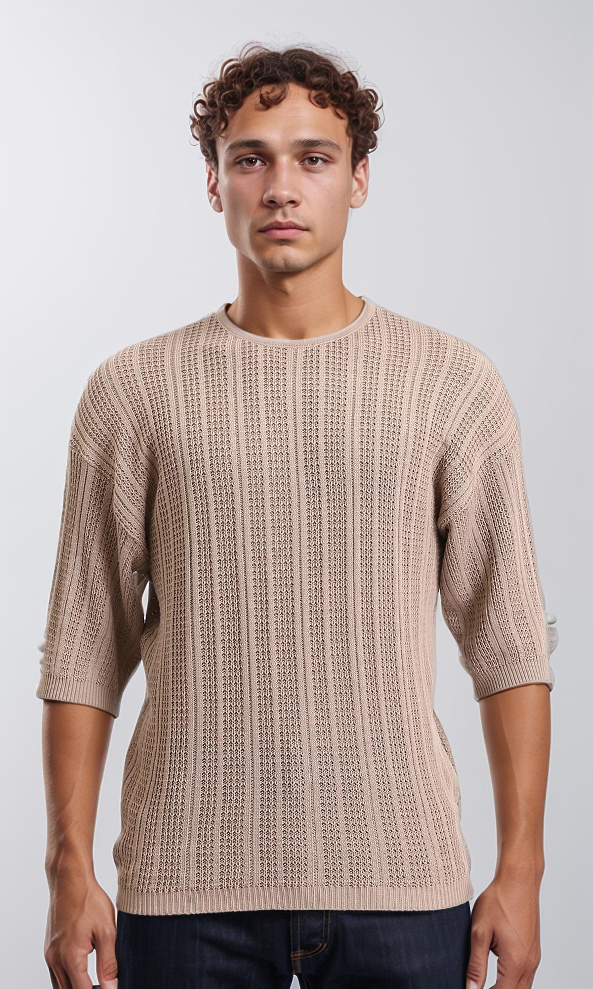 R207105 Self Knit Slip On Casual T-Shirt Coffee Color - Comfortable Loungewear for Home & Weekend Outings