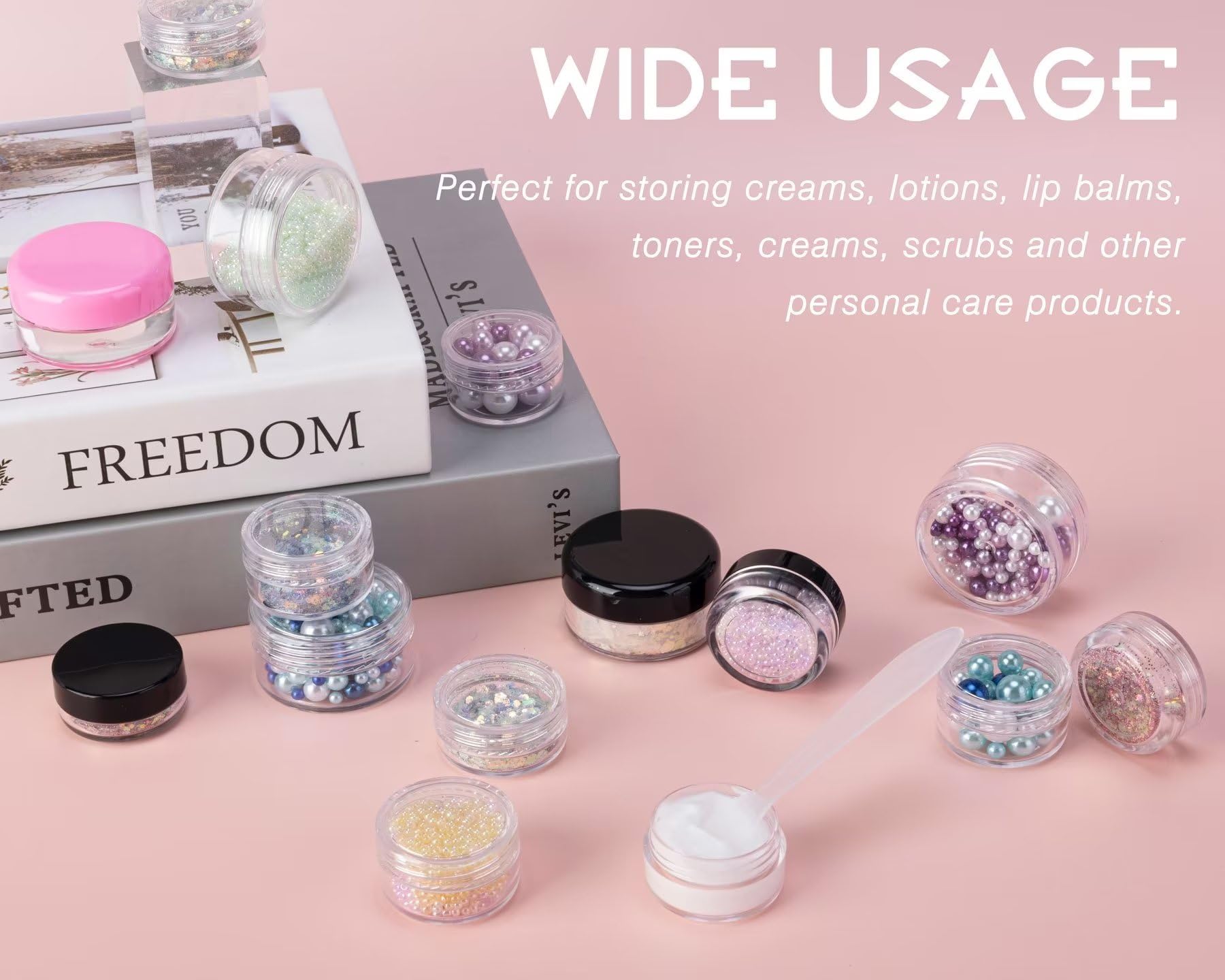 50-Pack 5g Clear Plastic Sample Jars with Lids & 4 Mini Spoons - Small Lip Balm Containers with 50 Labels - Perfect for DIY Cosmetics, Travel Toiletries & Essential Oil Storage