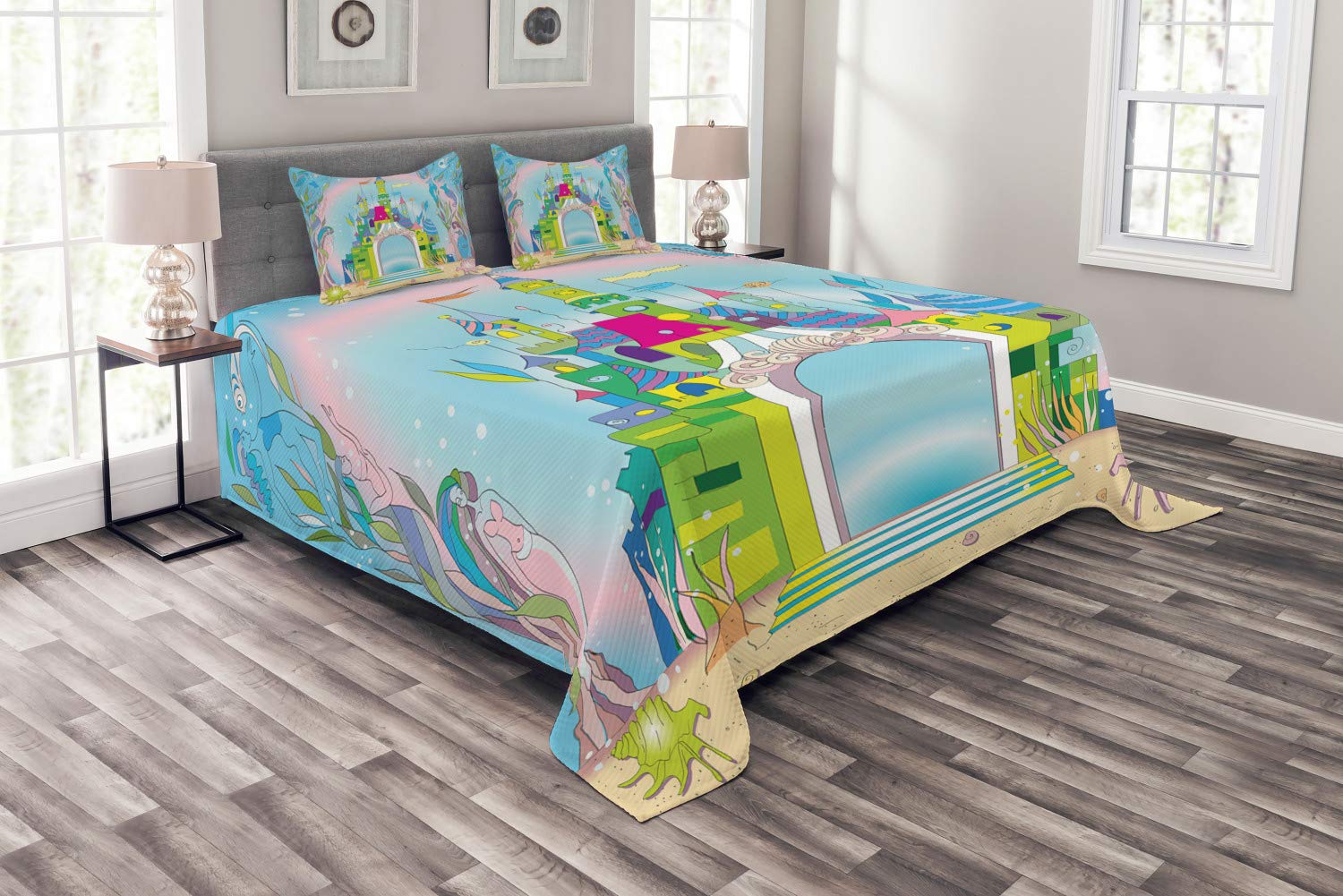 Ambesonne Rainbow Ocean Castle Bedspread Set - King Size 3-Piece Quilt Coverlet with Mermaid & Fish Design, Decorative Multicolor Bedding for Coastal & Fantasy Themed Bedrooms