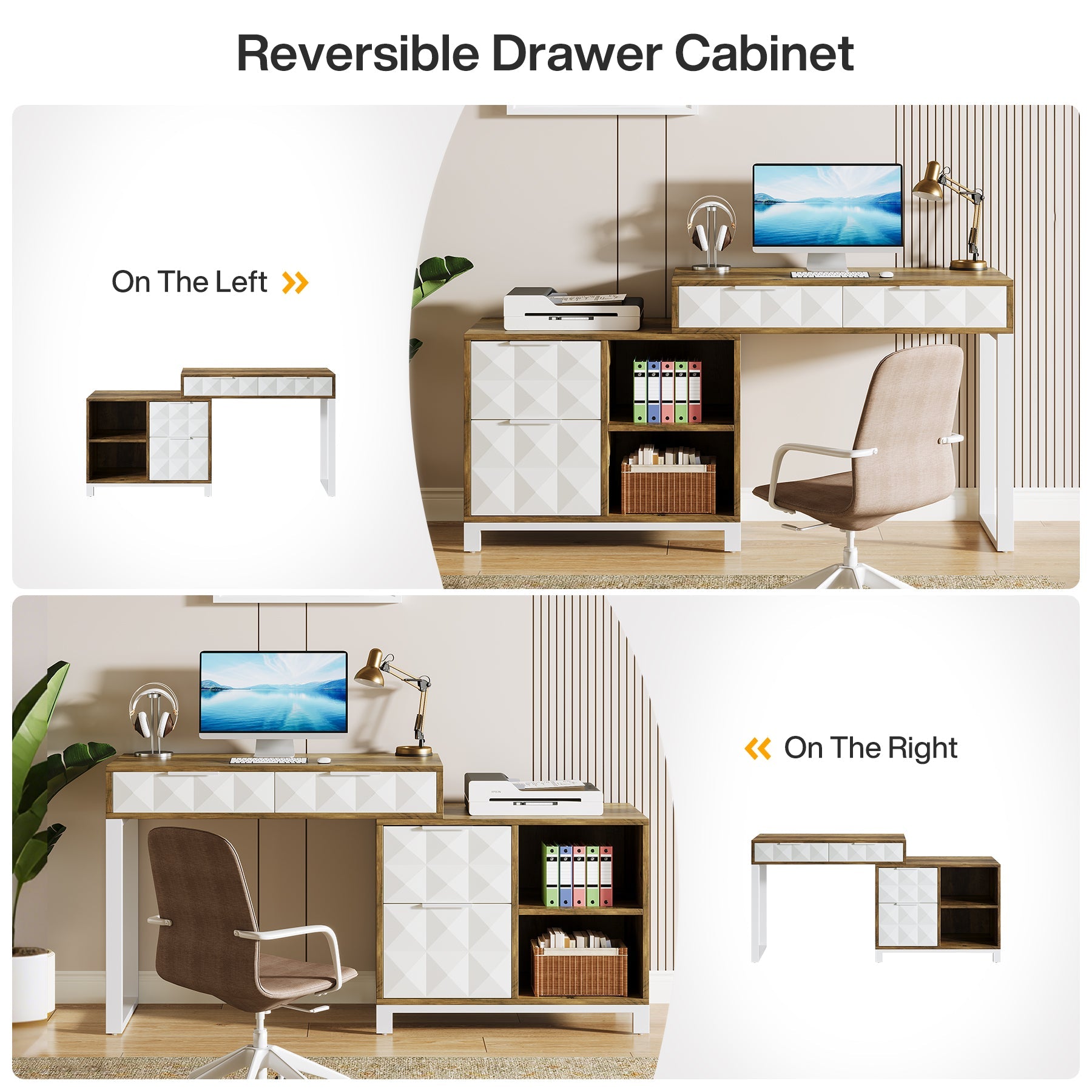 4-Drawer Computer Desk with File Cabinet - Reversible Office Desk for Home & Workspace - Perfect for Small Spaces, Gaming, and Remote Work