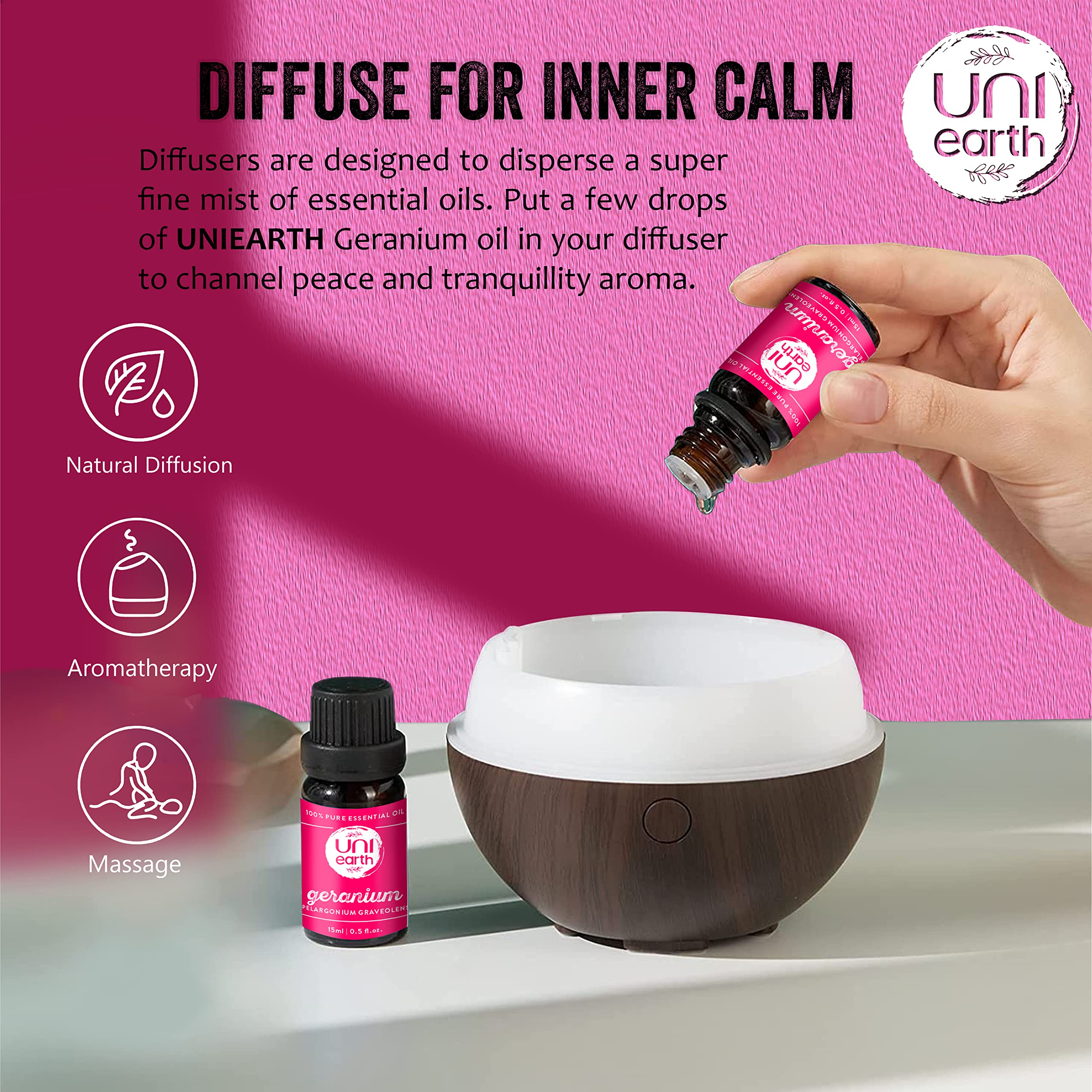 Uniearth 100% Pure Therapeutic Grade Geranium Essential Oil - 15mL for Skin & Hair Care, Reduces Acne & Hair Loss, Fades Age Spots & Scars | Natural Insect Repellent | Perfect for Aromatherapy, Massage & DIY Beauty Products