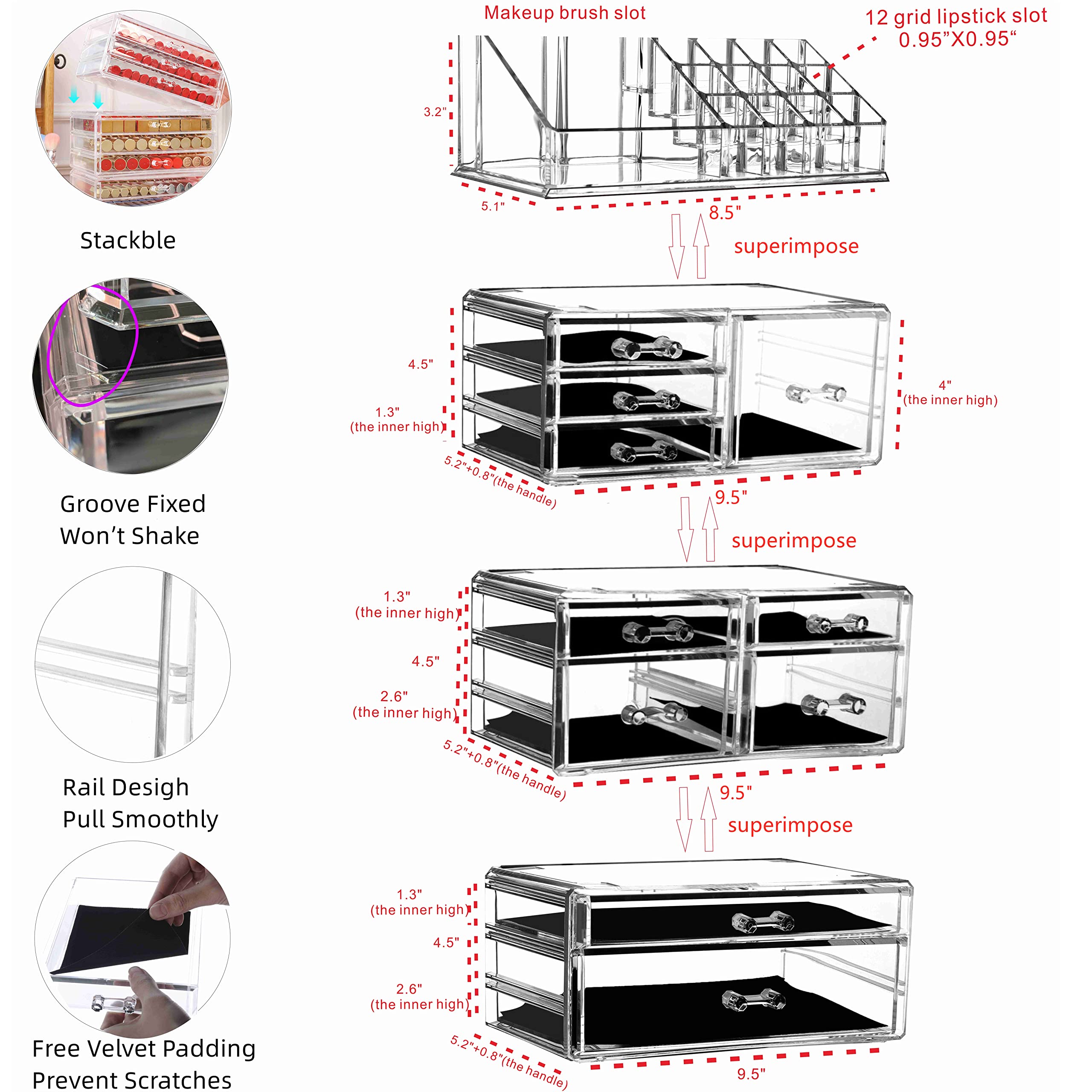 4-Pack Clear Acrylic Makeup Organizer with 10 Stackable Drawers - Countertop Vanity Storage for Jewelry, Hair Clips & Beauty Products - Perfect for Dresser, Desk & Bathroom Organization
