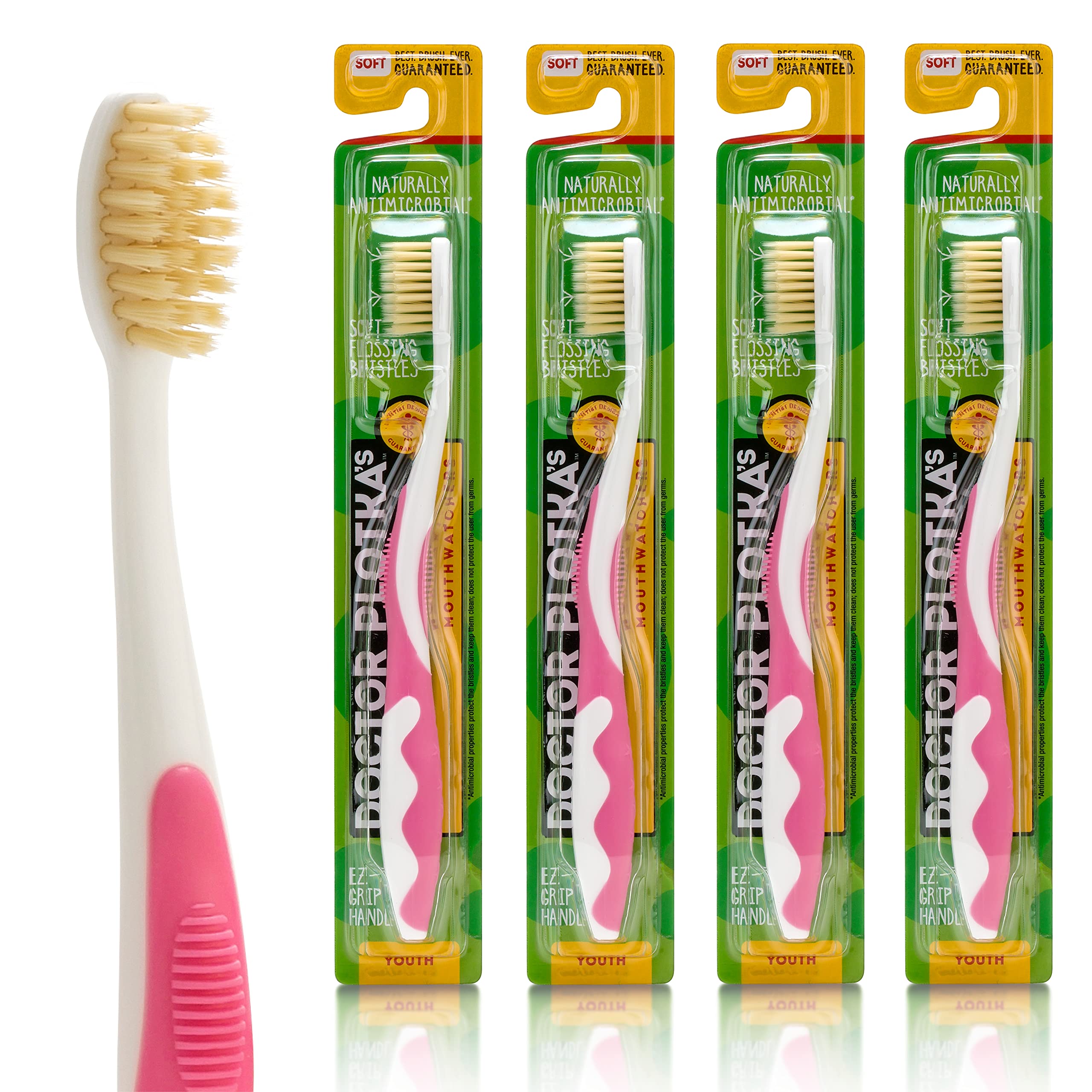 MOUTHWATCHERS Soft Kids Toothbrushes 4 Pack - Manual Flossing Toothbrush for Children | Ultra Clean Bristles | Dentist-Recommended Pink Toothbrushes by Dr. Plotka | Perfect for Daily Brushing, Travel & School Lunchboxes
