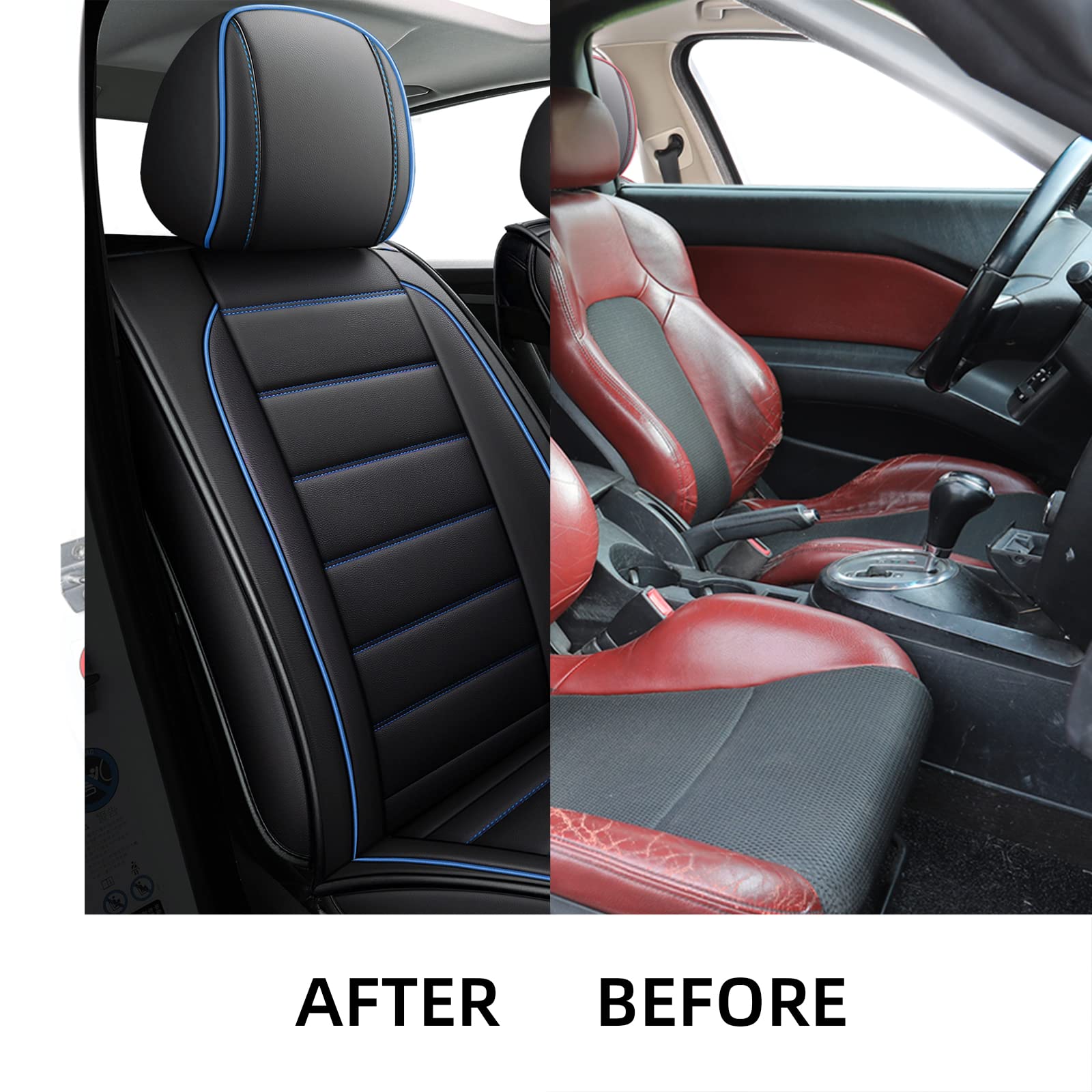 Premium Universal Leather Car Seat Covers - Waterproof Faux Leatherette Cushion Protectors for Cars, SUVs & Trucks (Black & Blue Full Set) | Auto Interior Accessories for Comfort & Style | Perfect for Daily Commutes, Road Trips & Family Travel