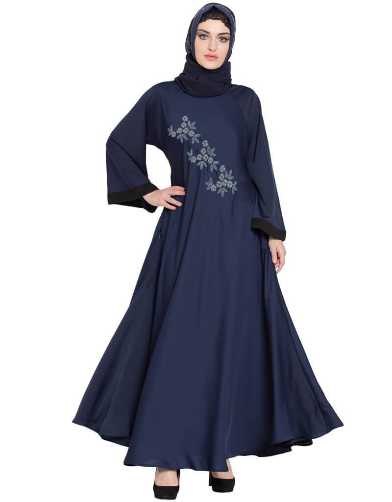 Hand Embroidered Arabic Umbrella Nida Abaya - Navy Blue Abaya Dress for Women | Perfect for Eid, Ramadan, Wedding & Special Occasions