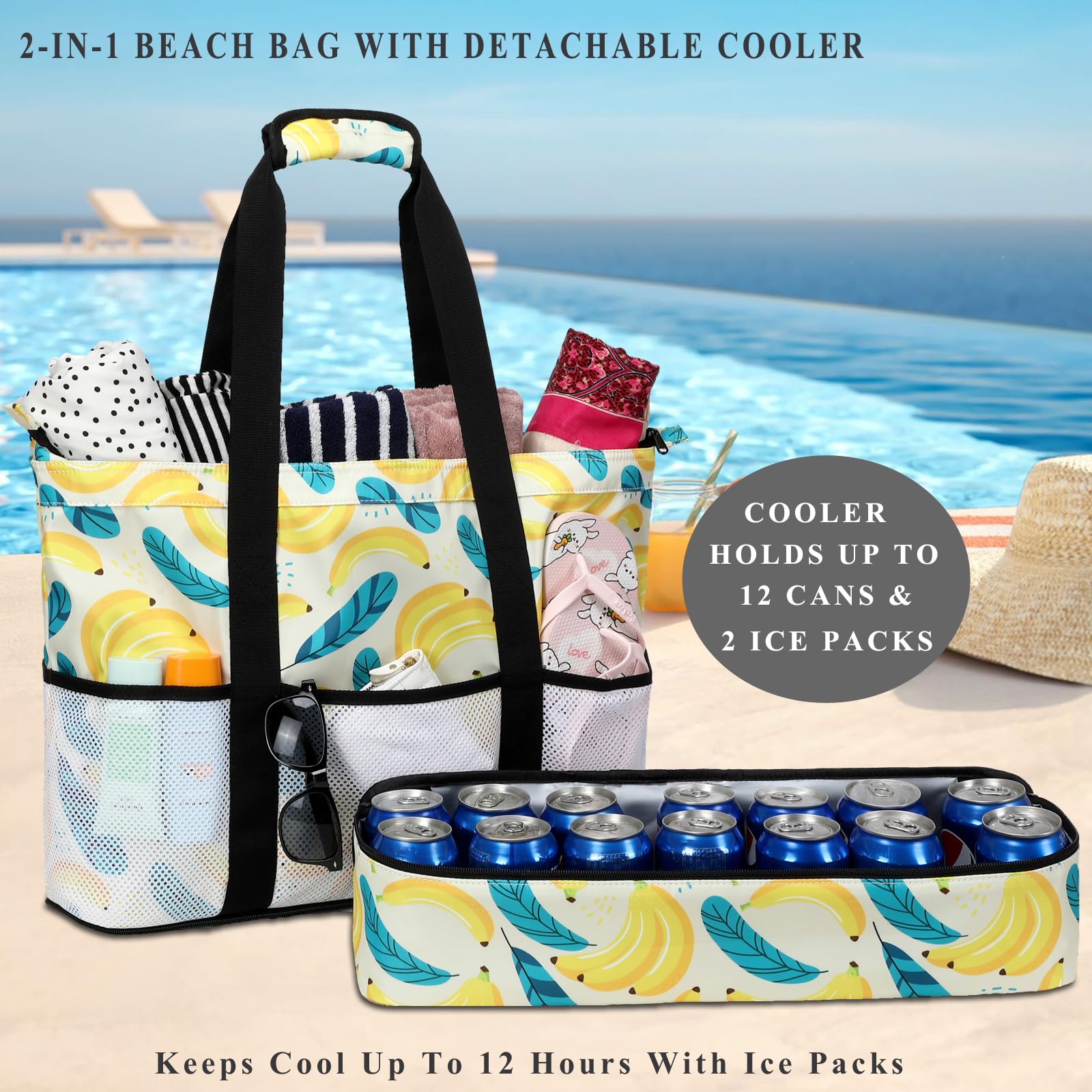 **DSIUE Large Waterproof Beach Bag with Built-in Cooler - Sandproof Tote for Women - Perfect for Pool, Gym, Travel & Picnics**