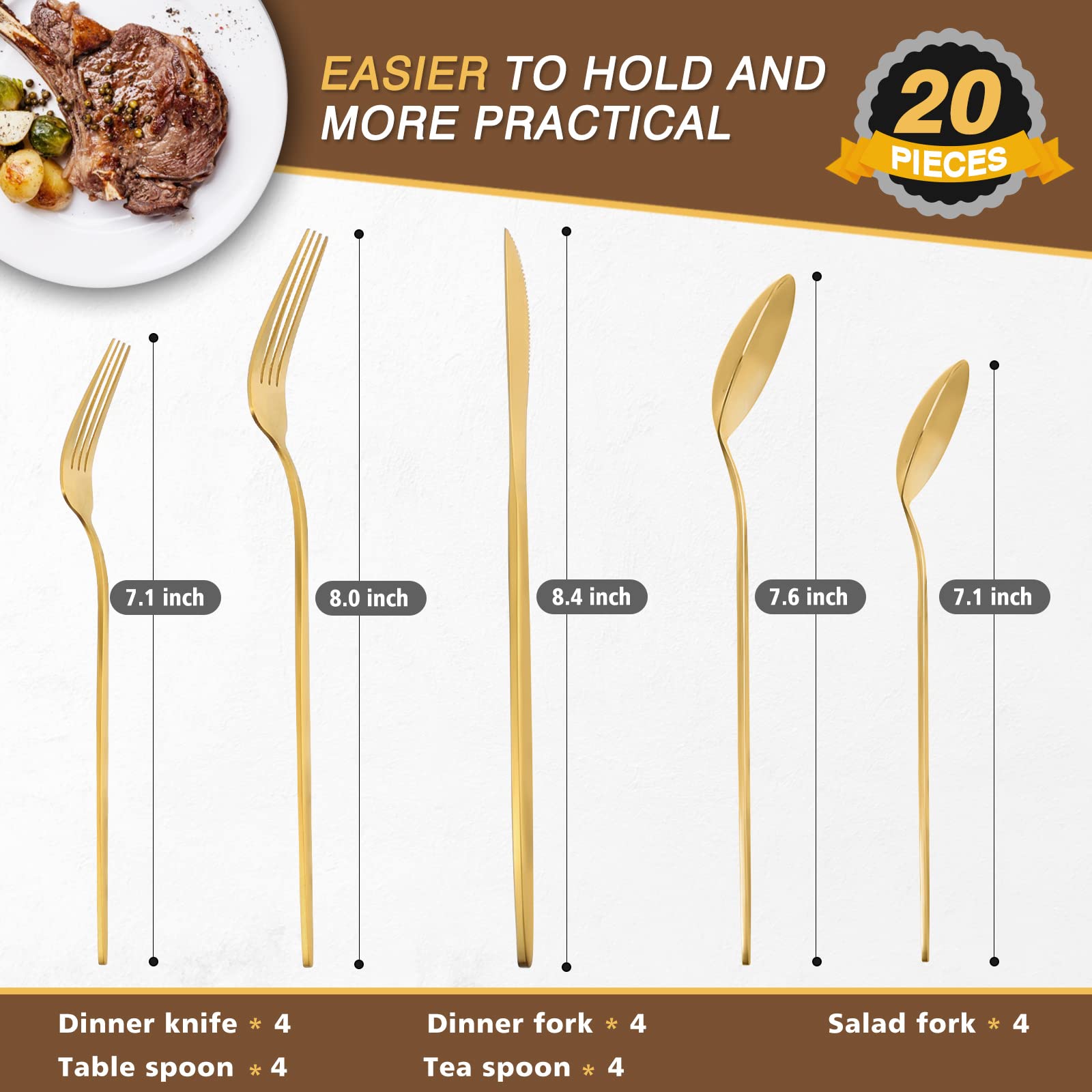 20-Piece Matte Gold Stainless Steel Flatware Set - Service for 4, Includes Dinner Knives, Forks & Spoons - Dishwasher Safe Kitchen Utensils for Everyday Dining & Entertaining