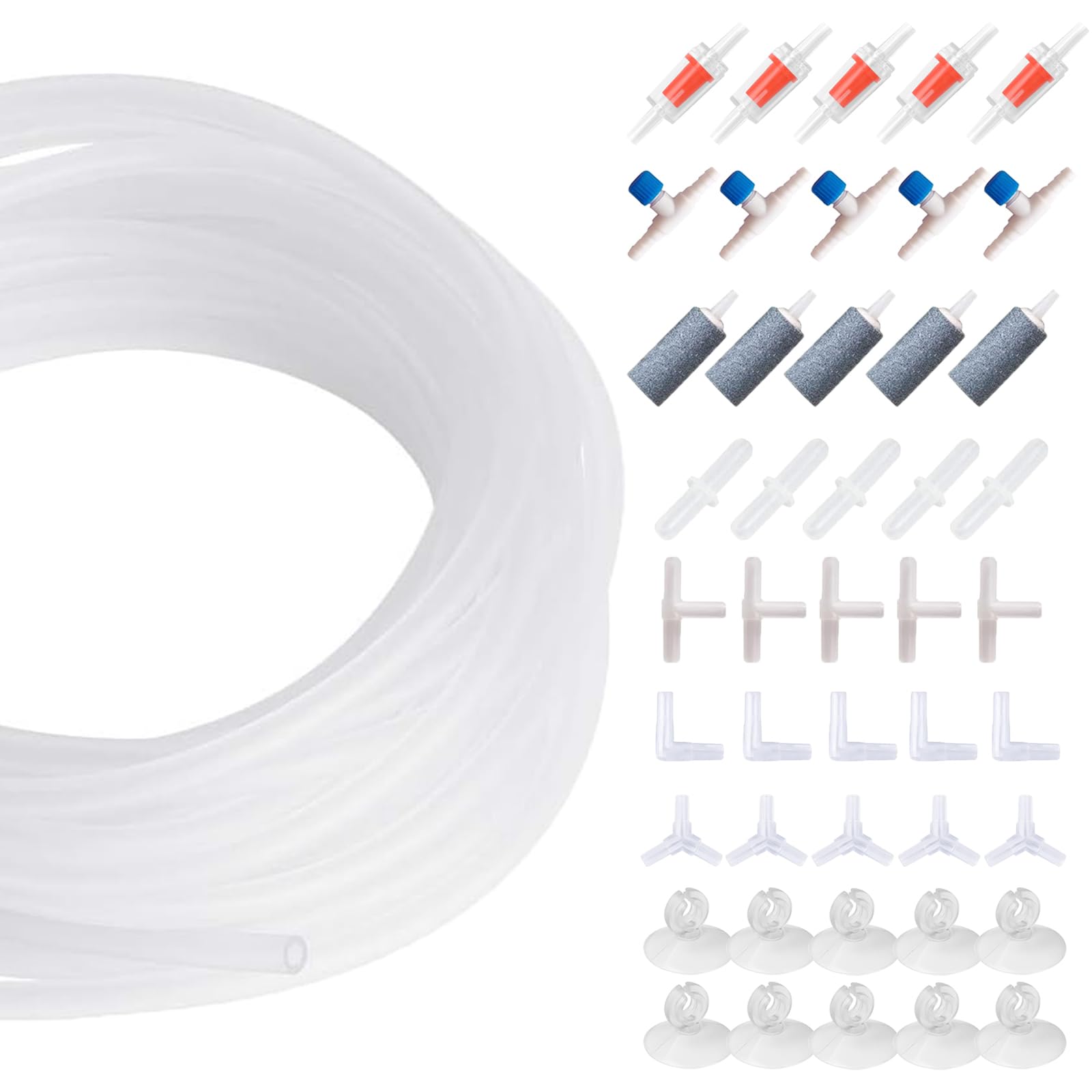 Premium Aquarium Air Pump Kit - 13ft Airline Tubing with 5 Air Stones, Check Valves & Control Valves - Includes 10 Suction Cups & 20 Connectors for Fish Tank, Pond or Hydroponics System - Complete Bubble Aeration Accessories Set
