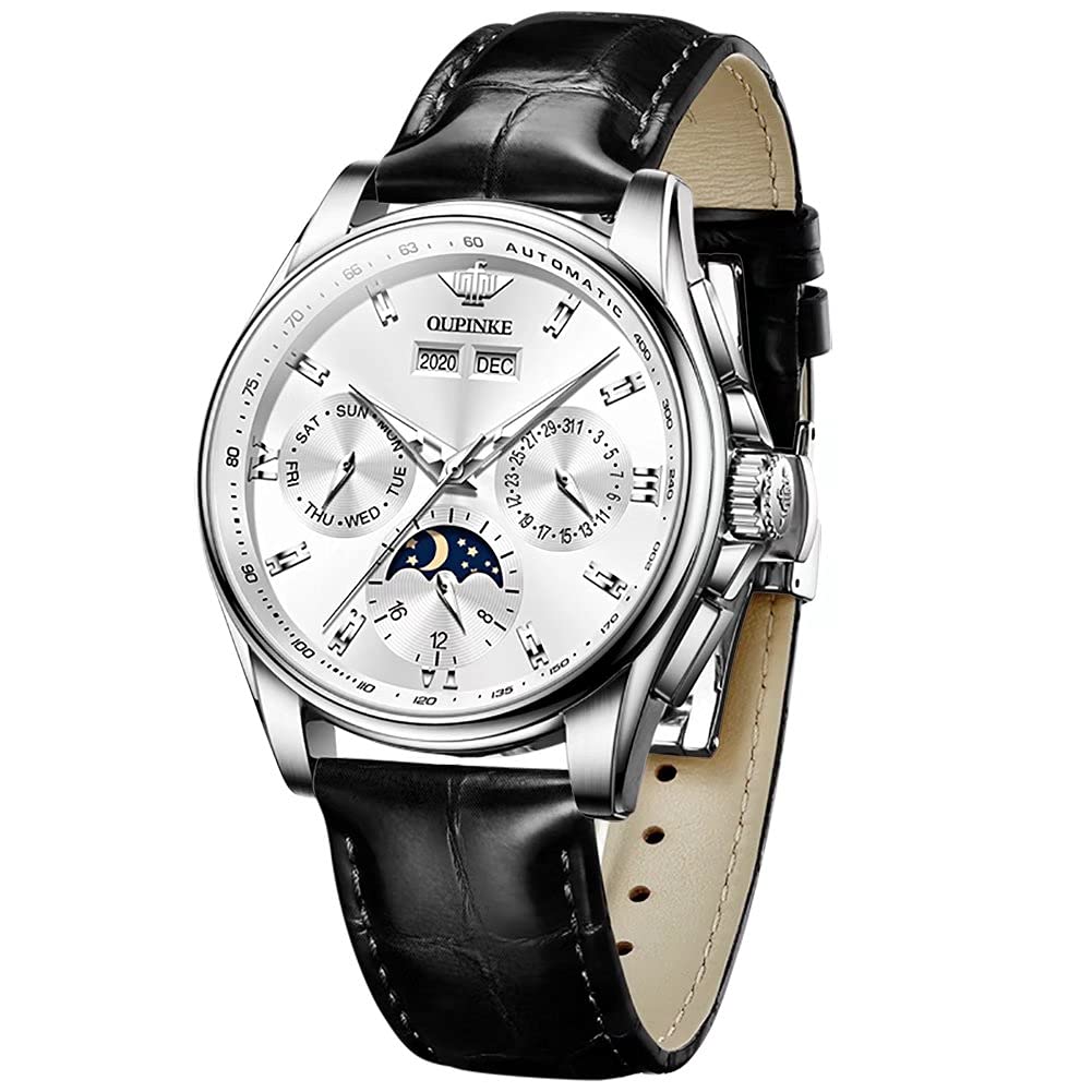 Premium Automatic Men's Luxury Dress Watch - Sapphire Crystal, Moon Phase, Multi Calendar, Waterproof Leather Strap - Perfect for Business, Formal Events & Special Occasions