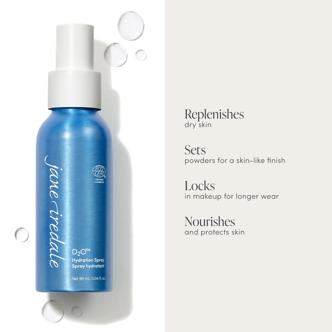 Jane Iredale D2O Hydration Spray - Refreshing Face Mist for Dry Skin | Makeup Setting Spray & Skin Hydrator for All-Day Moisture | Perfect for Travel, Gym & Office Use
