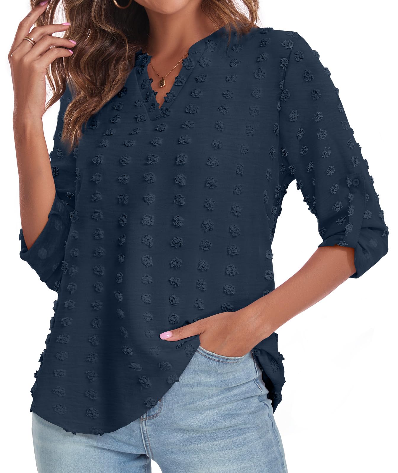 Anyhold Women's 3/4 Sleeve Chiffon Blouse - V Neck Swiss Dot Flowy Shirt for Work & Casual Wear | Elegant Office Tops & Date Night Outfits