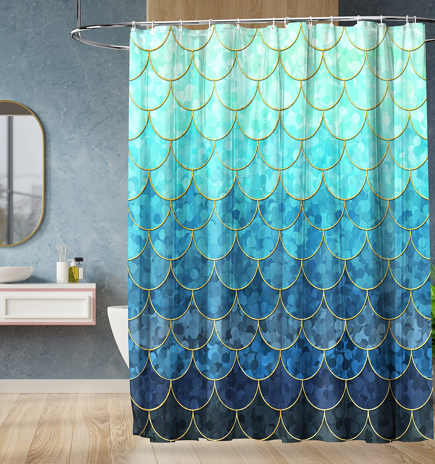 Ombre Blue Waterproof Shower Curtain 72x72 Inch - Modern Teal Fabric Bathroom Shower Curtain with 12 Hooks - Perfect for Spa-Like Showers and Bathroom Decor