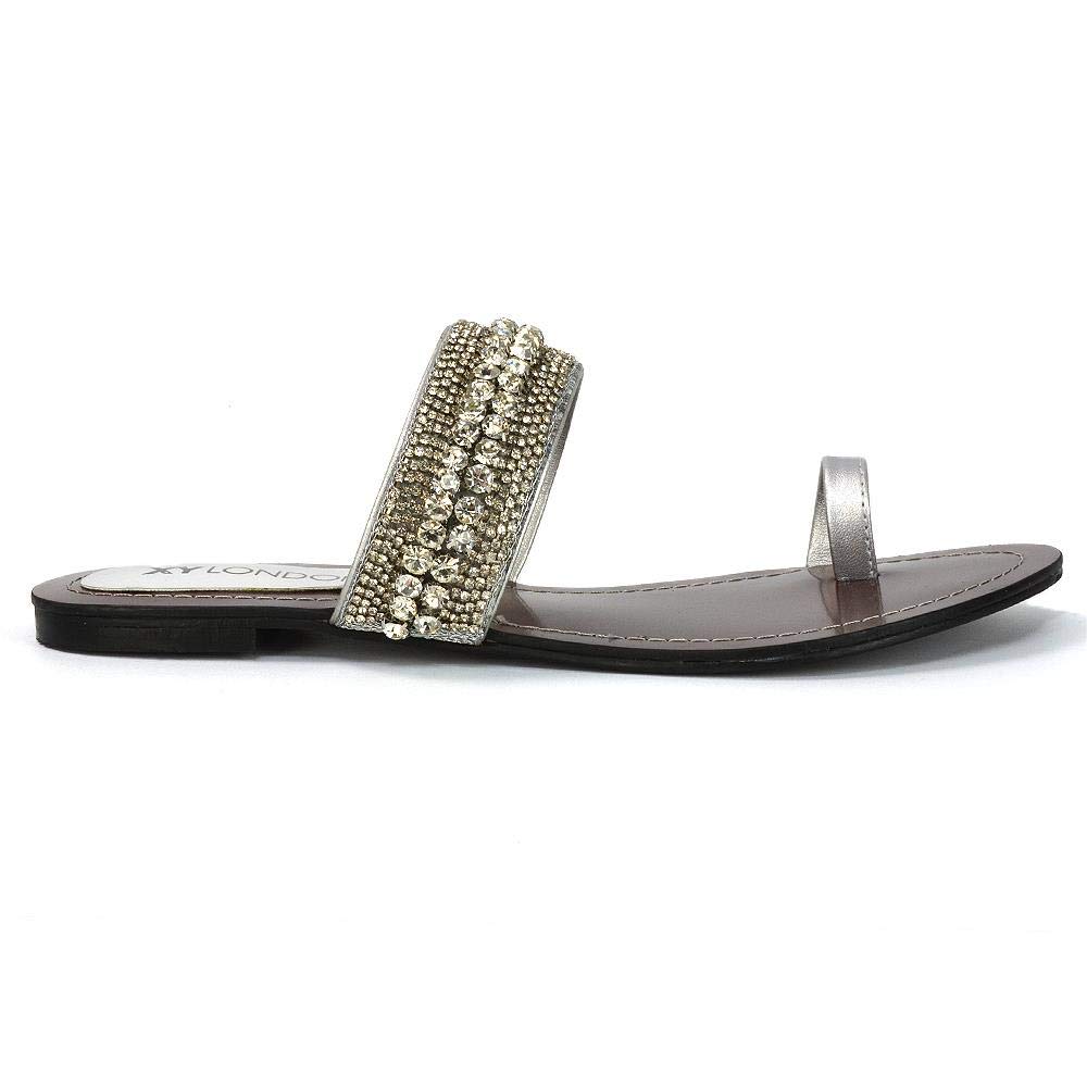 Kino London Women's Rhinestone Flat Sandals with Toe Ring - Sparkling Summer Shoes for Ladies Size 3-9 | Perfect for Beach Vacations, Weddings & Date Nights