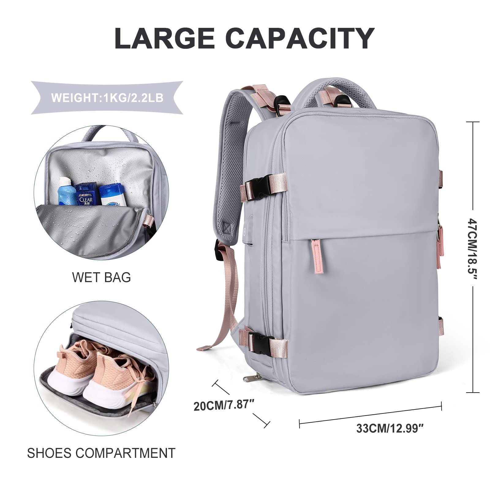SEAFEW Women's Travel Backpack - 15.6 Inch Flight Approved Carry On Backpack, Waterproof Hiking Daypack & Business Laptop Bag for Outdoor, Commuting & Air Travel - B4 Grey Purple