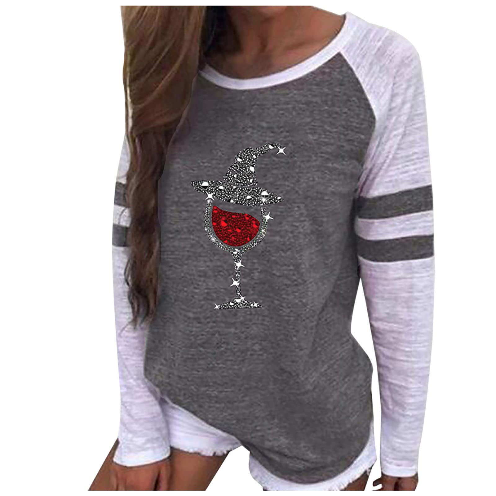 Women's Long Sleeve Color Block Patchwork T-Shirt - Casual Round Neck Loose Fit Top - Trendy Fall Fashion for Everyday Wear, Outings & Seasonal Layering