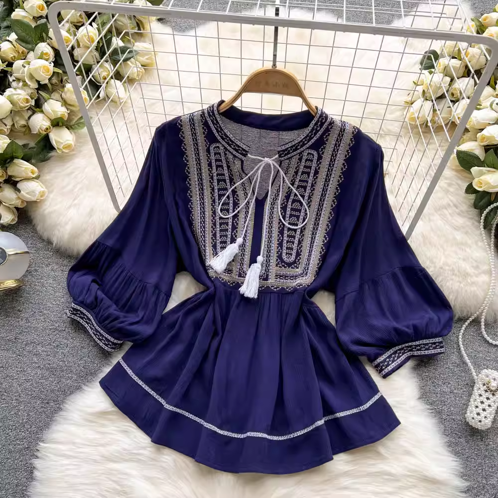 Bohemian Embroidered Tassel Long Sleeve Blouse for Women | Flowy Casual & Festival Top | Perfect for Music Festivals, Beach Vacations & Boho Chic Outfits