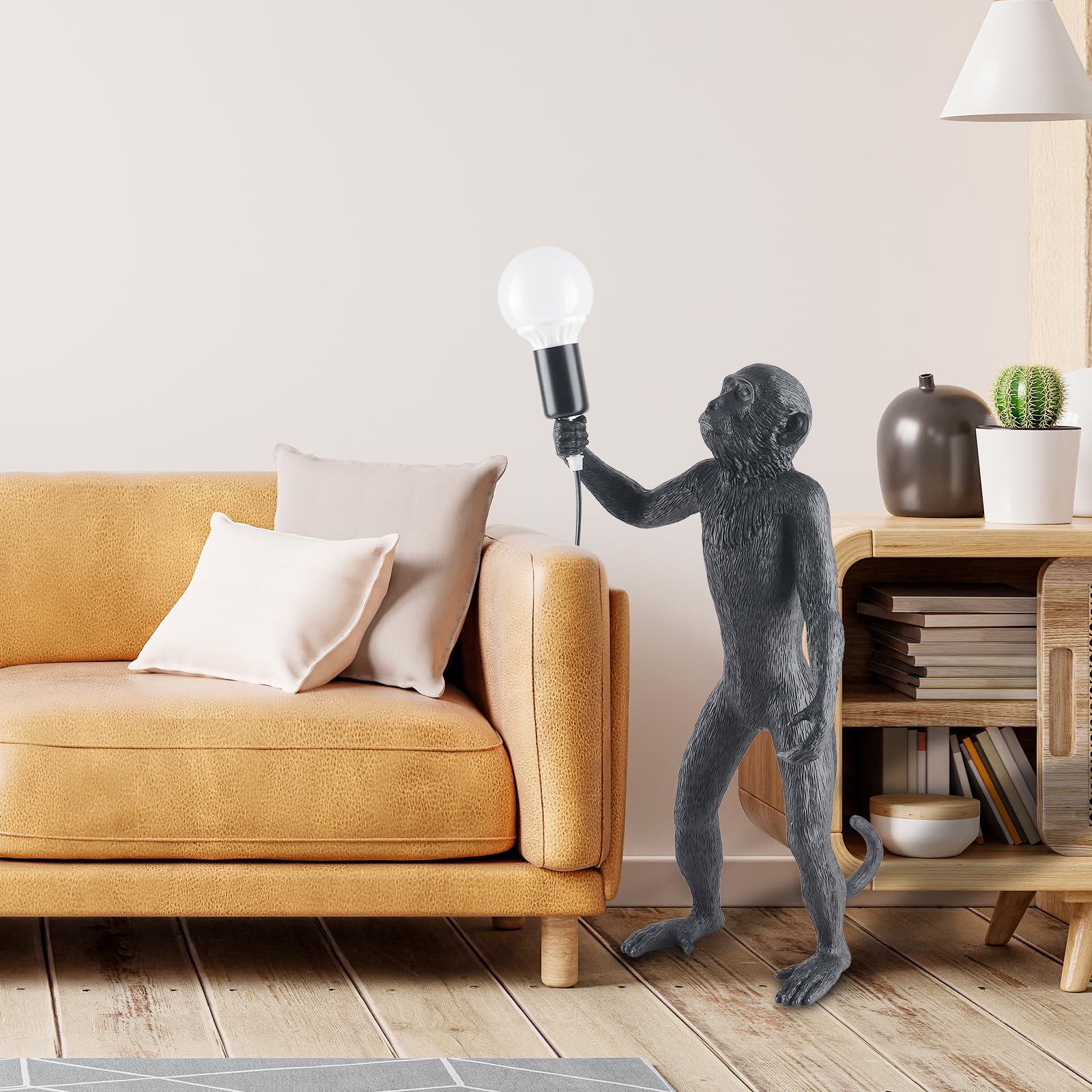 Modern Resin Standing Monkey Table Lamp - LED Desk Lamp for Home Decor, Bedroom, Living Room, Office & Kids Room - Animal-Themed Night Light for Reading & Ambient Lighting (Black Standing)