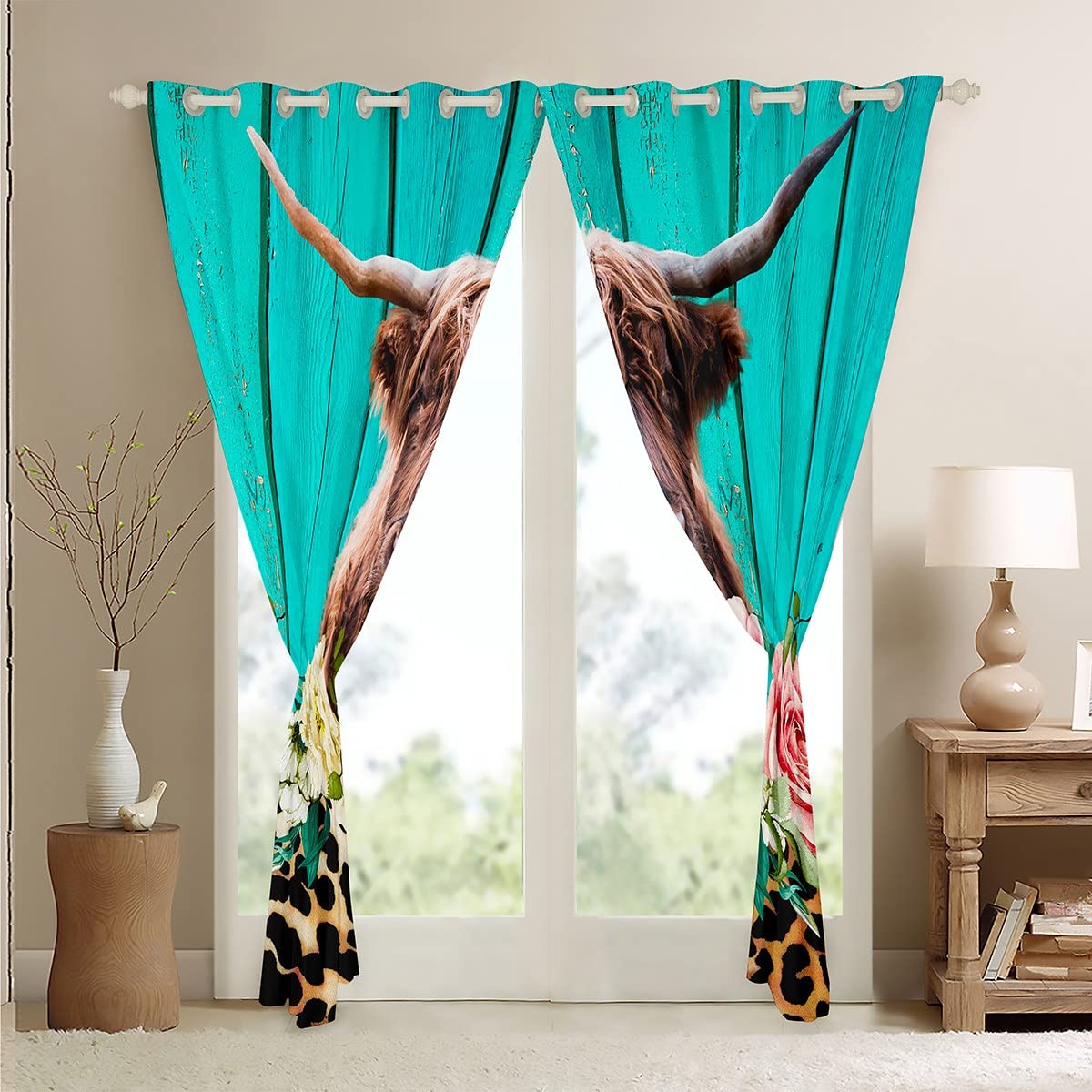 Highland Cow Window Curtains 52x96 Inches - 2 Panels Safari Animal Print Drapes for Bedroom, Living Room & Kids Room | Brown Cheetah Leopard Floral Pattern with Teal Blue Wooden Decor | Perfect for Farmhouse, Nursery & Jungle Theme Decorations