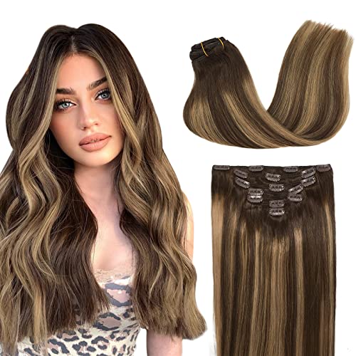 GOO GOO Clip-in Human Hair Extensions - Balayage Chocolate Brown to Caramel Blonde, 7pcs 120g, 22 Inch Long Straight Hair Extensions for Women | Perfect for Daily Wear, Parties & Special Occasions