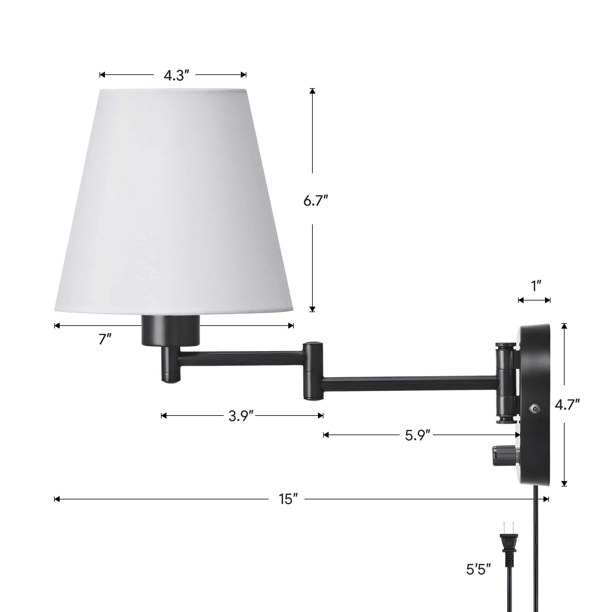 VONLUCE Set of 2 Plug-in & Hardwired Swing Arm Wall Sconces - Adjustable Black Base Wall Mounted Lamps with White Fabric Shade - Modern Lighting Fixtures for Bedroom, Hallway, Study & Home Office Decor
