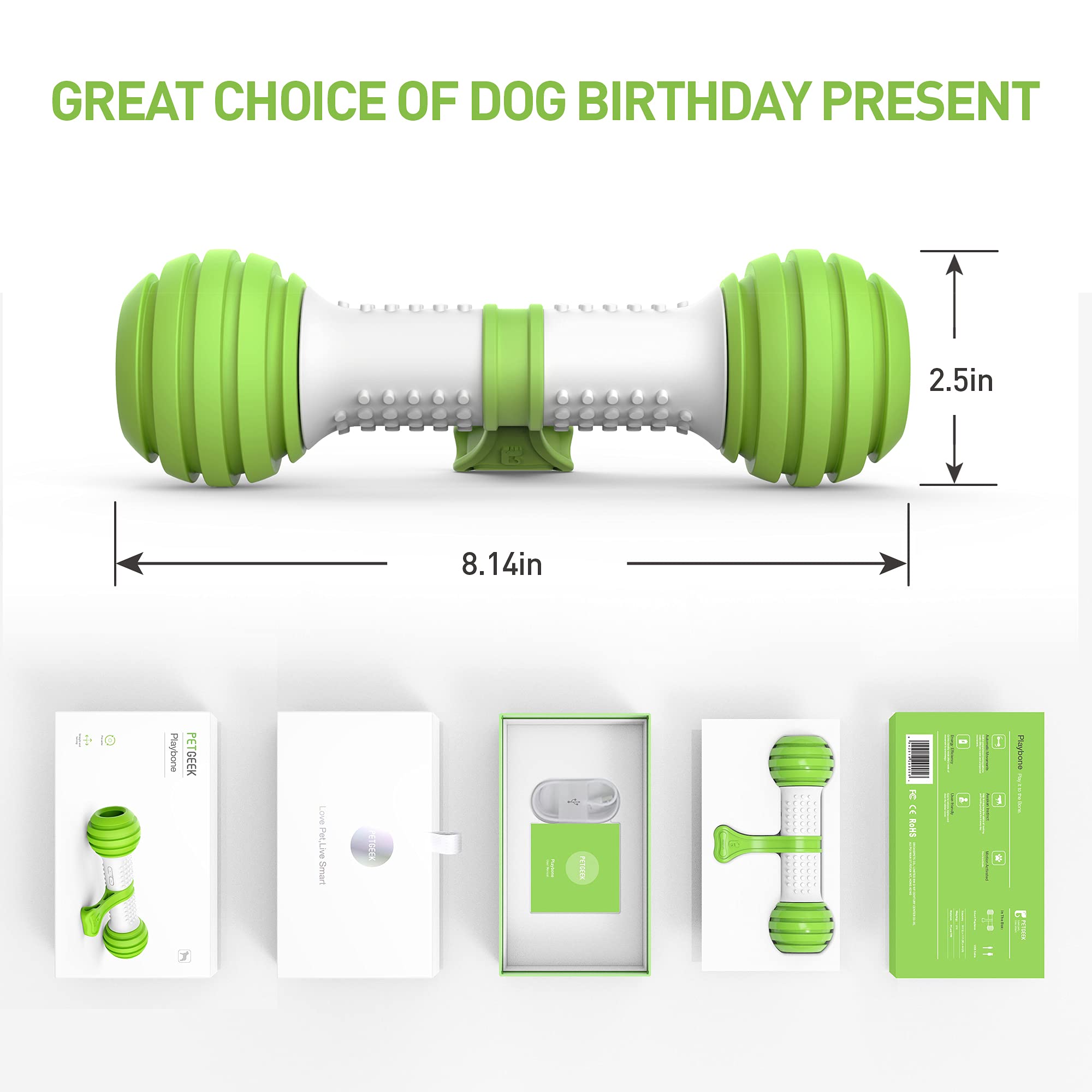 PETGEEK Interactive Dog Toys for Medium & Large Dogs - Motion Activated Electronic Dog Bone, USB Rechargeable Automatic Pet Toy to Relieve Boredom & Stimulate Play (Green) - Perfect for Indoor Play, Training & Keeping Dogs Entertained