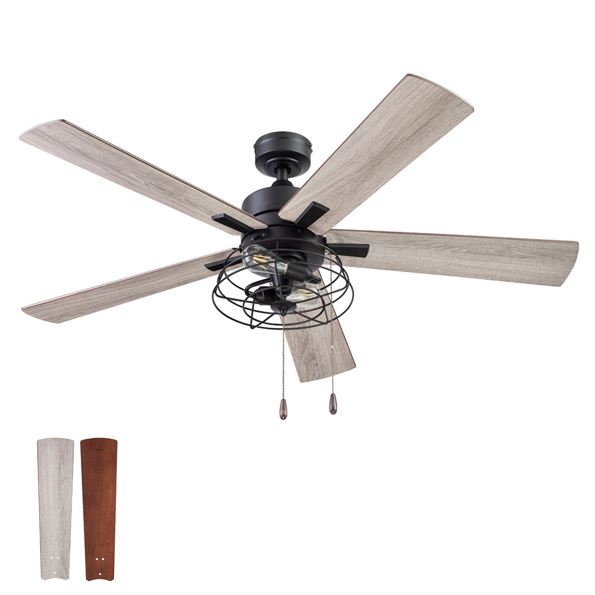52 Inch Matte Black Ceiling Fan with Pull Chain - Marshall Style for Living Room, Bedroom & Outdoor Use