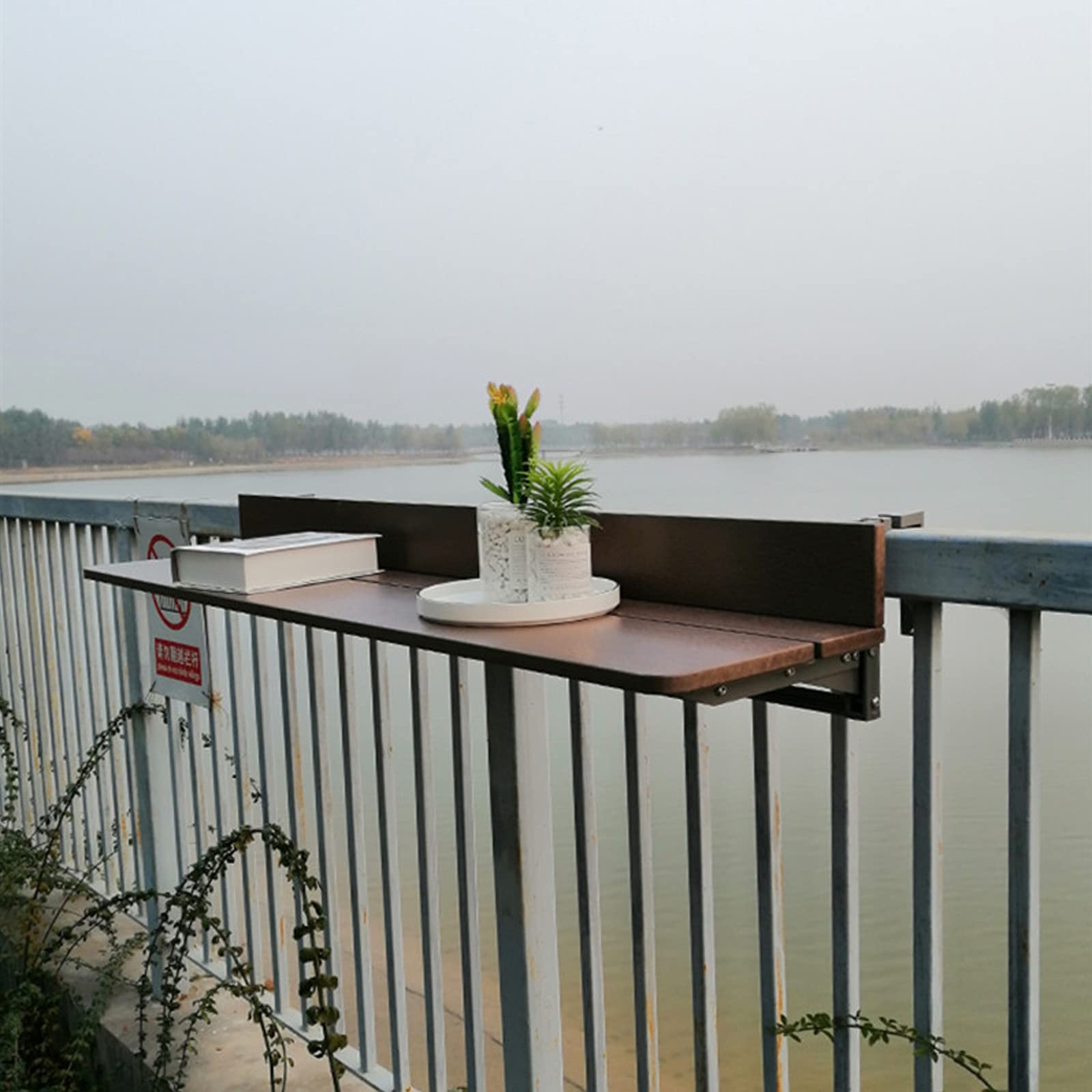 Foldable Balcony Railing Table - Solid Wood Hanging Desk for Outdoor Garden, Patio & Small Spaces - Space-Saving Storage Shelf (31.5
