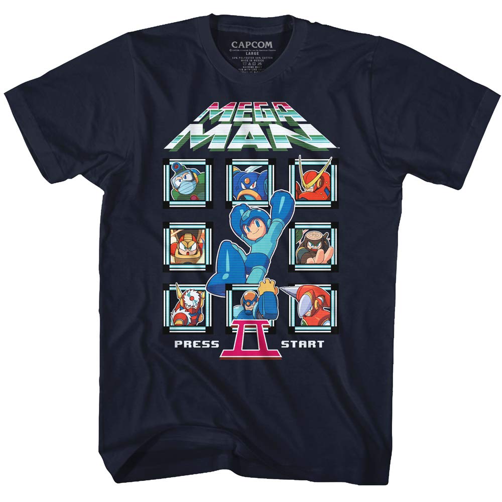 Mega Man Video Game Press Start II Graphic T-Shirt for Adults - Short Sleeve Casual Tee for Gaming Fans & Retro Enthusiasts | Perfect for Cosplay, Conventions & Everyday Wear