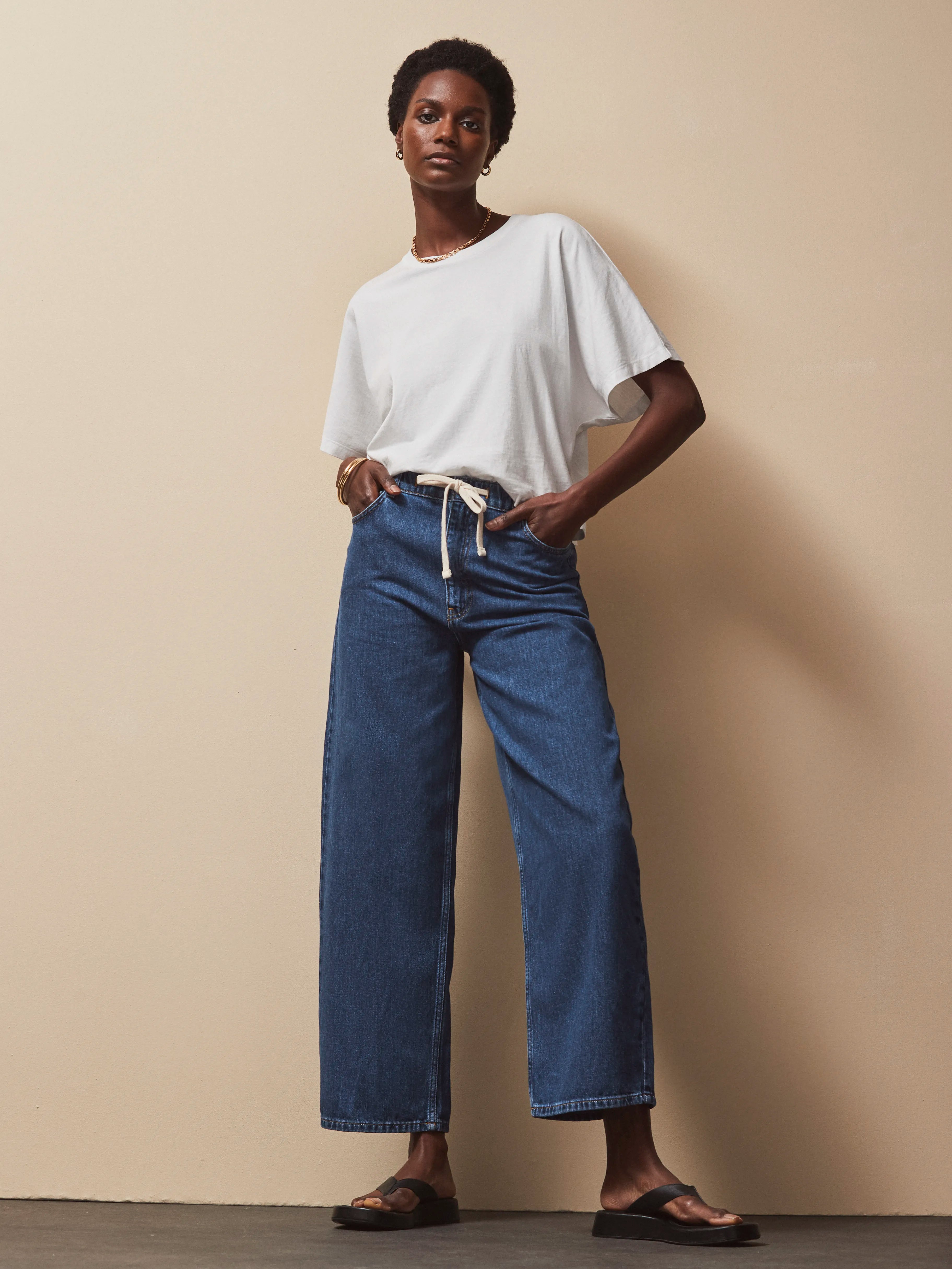 Petite Blue Drawstring Waist Jeans for Women - High Waisted Stretch Denim Pants - Casual & Comfortable for Everyday Wear | Perfect for Work, Travel & Weekend Outfits