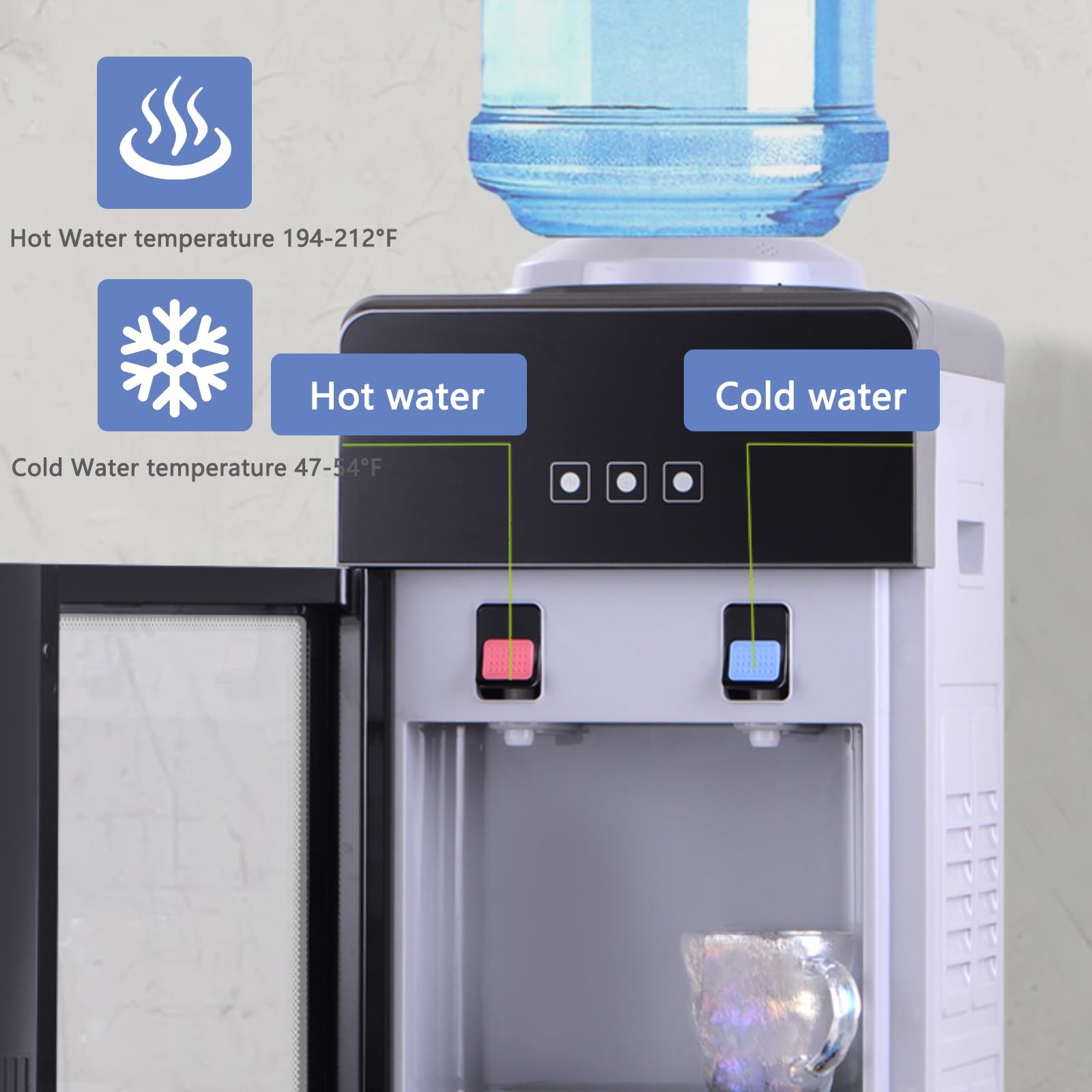 Premium 3-5 Gallon Top-Loading Hot & Cold Water Cooler Dispenser - Luxury Design with Storage Cabinet & Glass Door for Home, Office & School - Grey - Perfect for Kitchens, Break Rooms & Dormitories