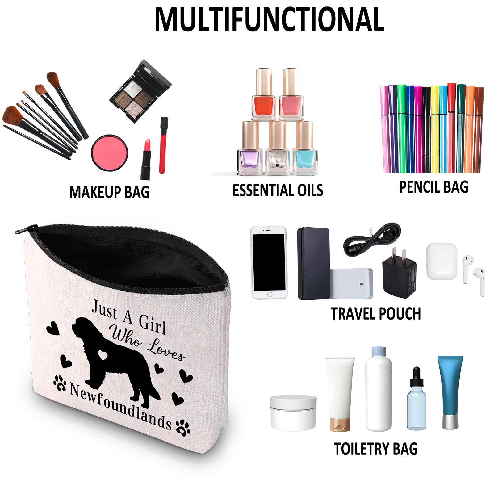 **G2TUP Newfoundland Dog Lover Gift - Cute Newfoundlands Themed Makeup Bag for Dog Owners - Travel Cosmetic Pouch (White) - Perfect for Travel, Gym & Daily Use**