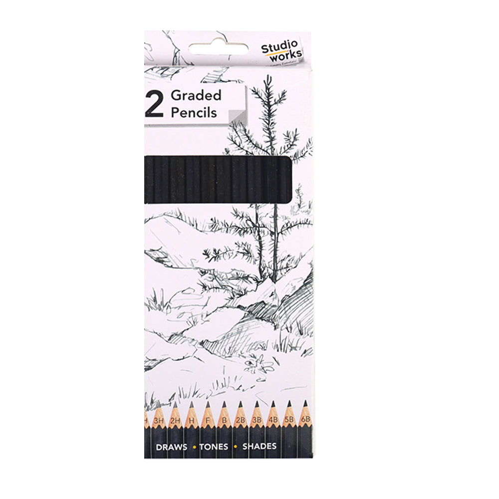 12-Piece Studio Works Graded Lead Pencils Set - Assorted Soft & Hard Graphite Grades for Sketching, Drawing & Professional Artwork