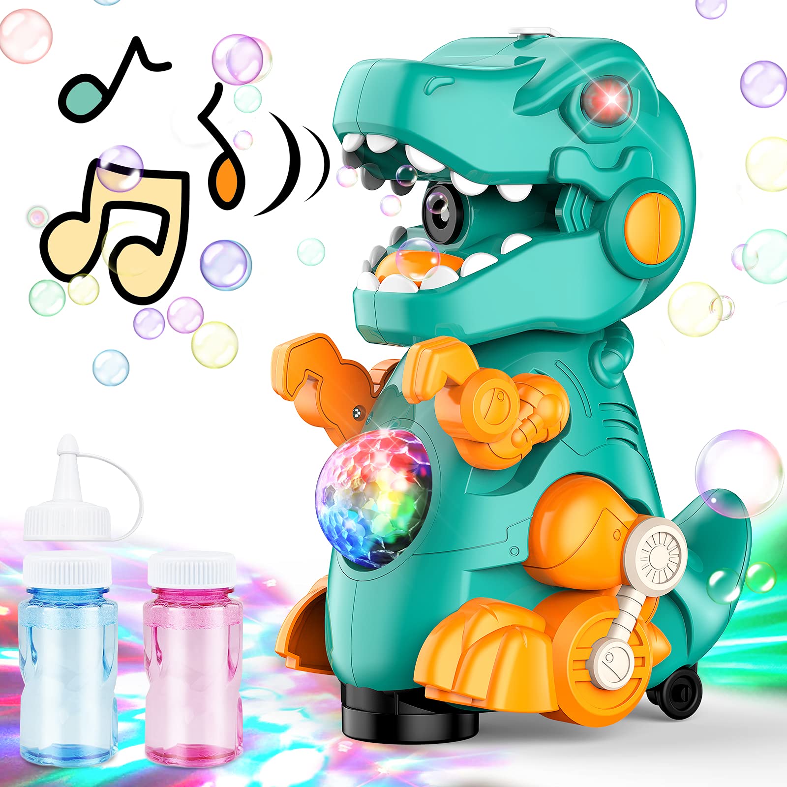 Dinosaur Bubble Blower with LED Lights & Walking Feature - 3000+ Bubbles/Min, Safe Kids Toy with Built-in Music (Blue Liquid) - Perfect for Birthday Parties, Outdoor Play & Toddler Entertainment