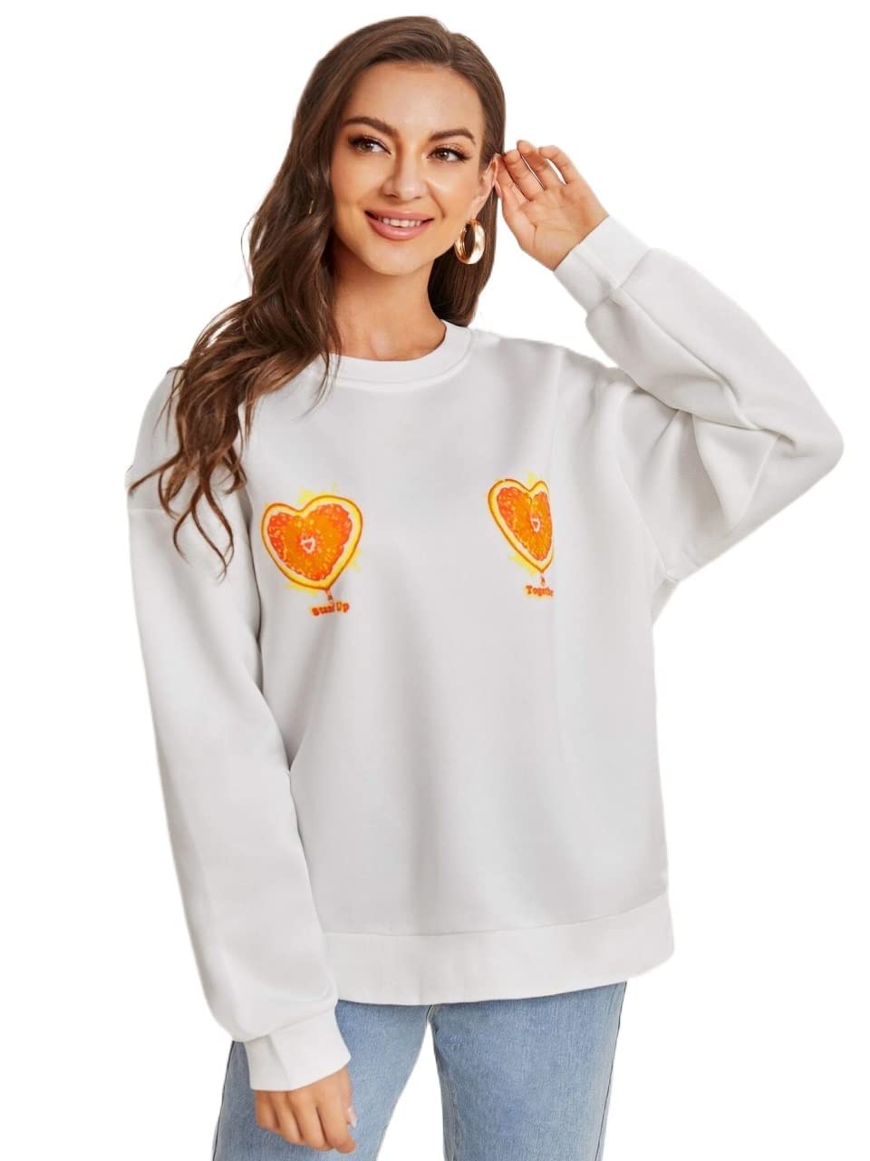 Women's Drop Shoulder Hoodie with Heart & Fruit Print - Cozy Essentials Sweatshirt for Casual Wear, Loungewear & Street Style