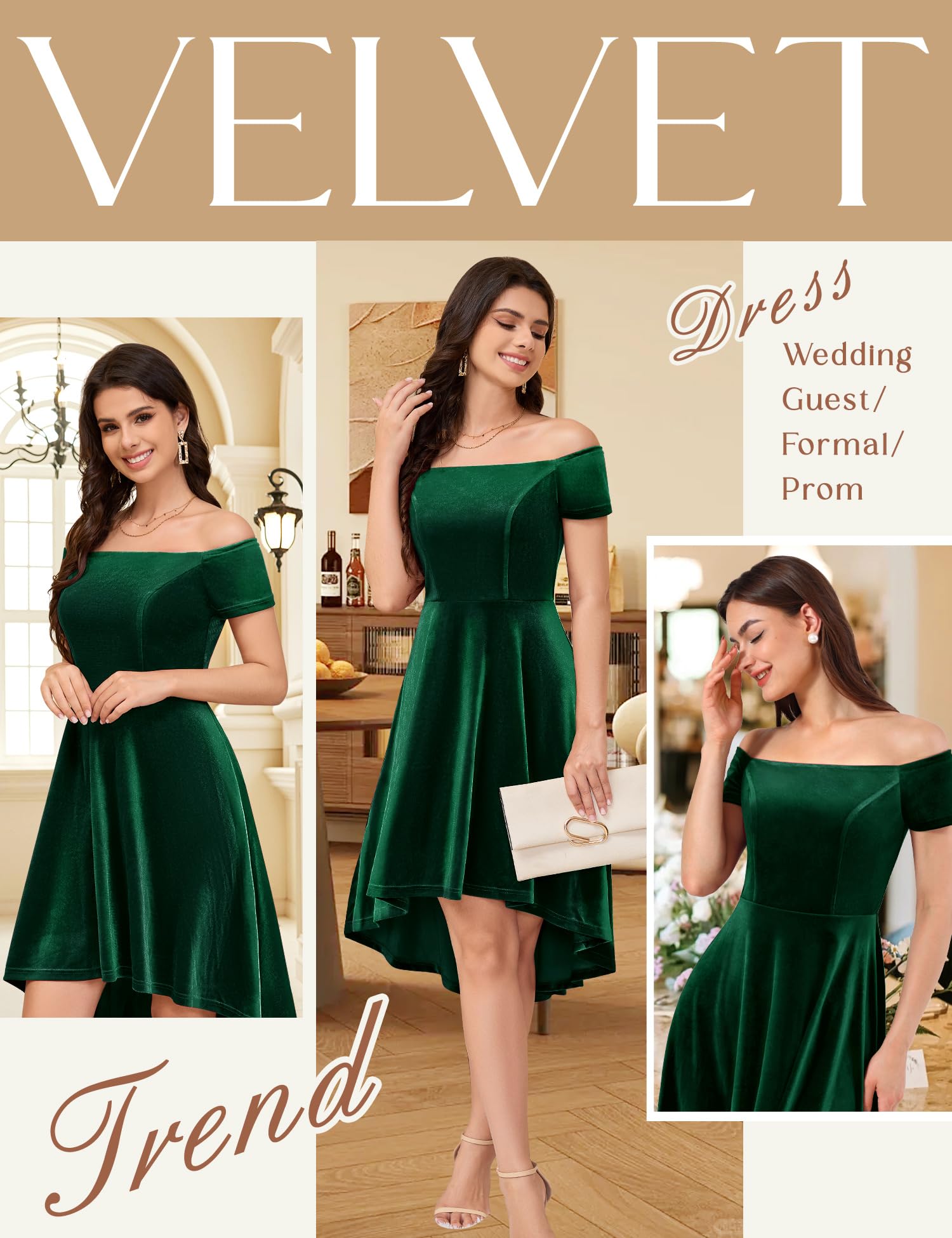 Elegant Off Shoulder Velvet High Low Evening Dress for Women 2024 - Cocktail Party, Formal Prom, Wedding Guest Dress | Perfect for Special Occasions & Night Out Events