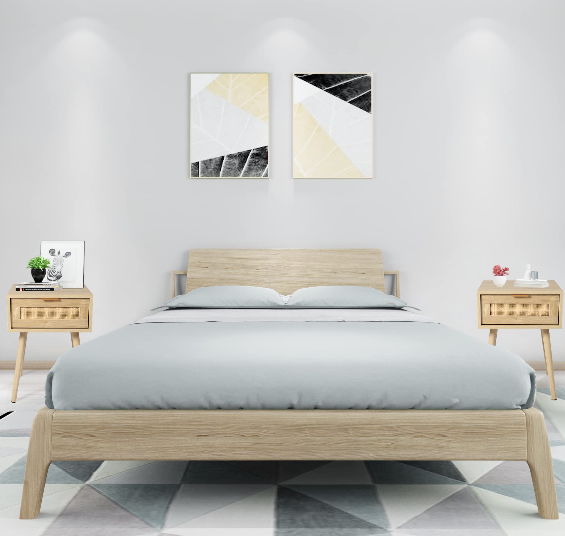 Mid Century Modern Nightstands Set of 2 with Drawers - Rattan & Wood Bedside Tables with Storage - Perfect for Bedroom, Living Room or Guest Room Accent Furniture