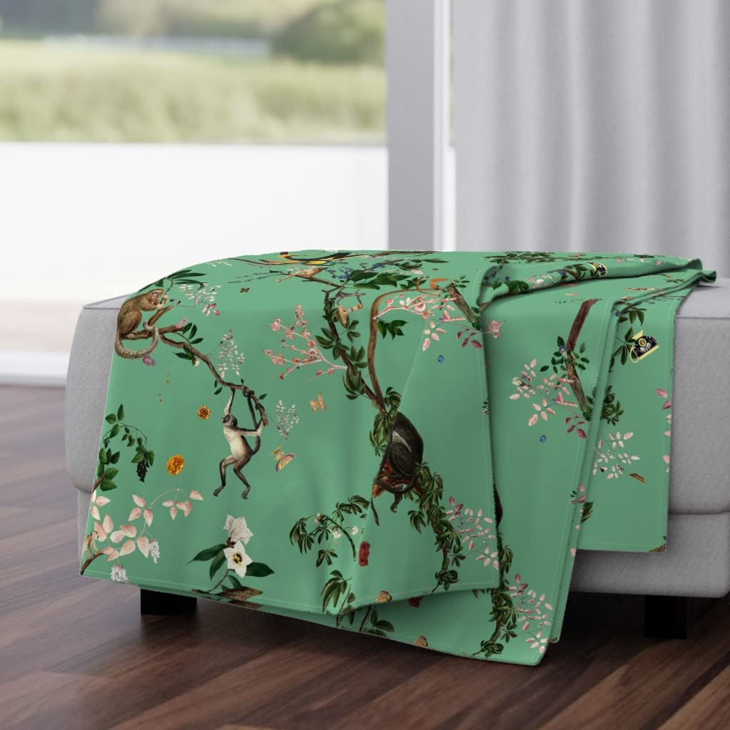Monkey Chinoiserie Jade Green Floral Tree Jungle Print Plush Minky Throw Blanket 50x70 inches - Soft Cozy Asian Inspired Garden Design for Bedroom, Sofa & Nursery Decor