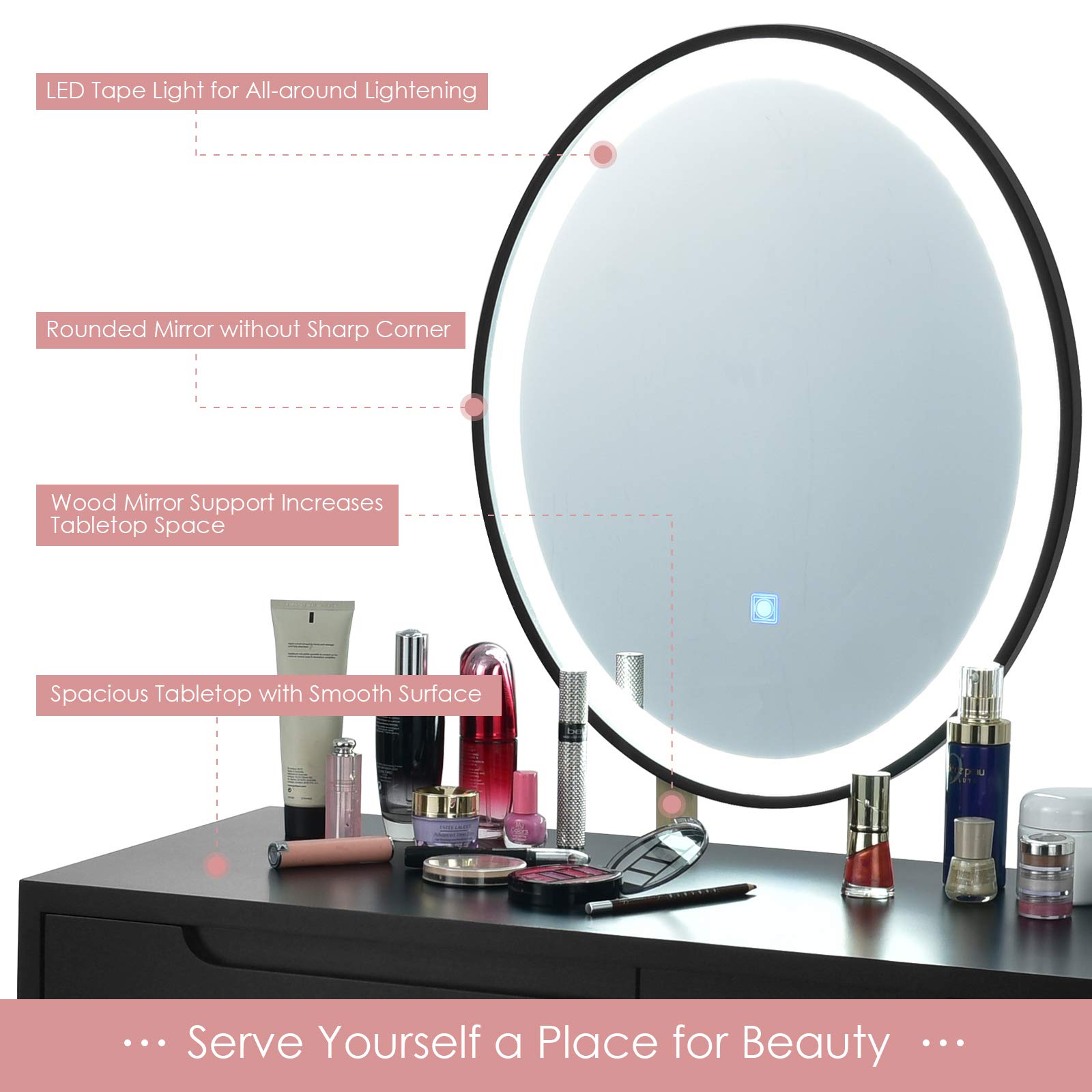 CHARMAID Vanity Set with LED Lighted Mirror - 3 Adjustable Brightness Modes, Makeup Dressing Table with Cushioned Stool, 2 Sliding Drawers & Organizer - Modern Bedroom Vanity for Women & Girls (Black) | Perfect for Makeup Application, Skincare Routine & Bedroom Decor