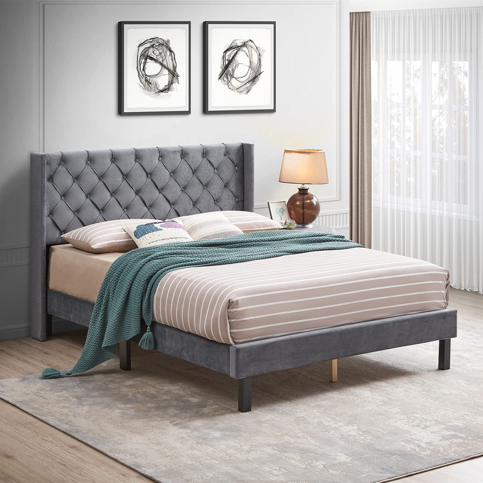 GNIXUU Velvet Queen Size Platform Bed Frame with Upholstered Headboard - Button-Tufted Grid & Wingback Design, Dark Grey - Perfect for Modern Bedroom Decor & Master Suite Upgrade