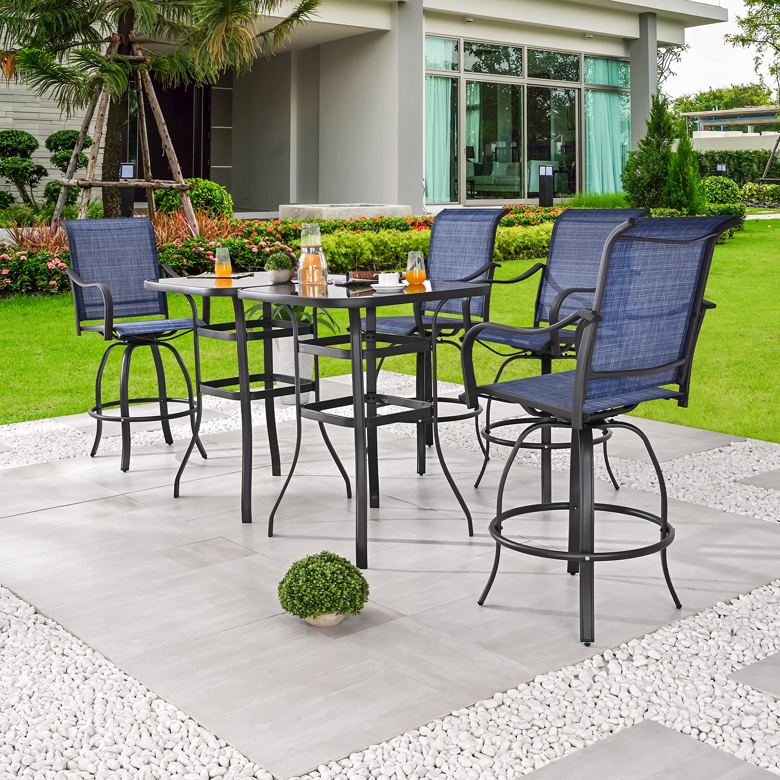 6-Piece Patio Dining Set with Swivel Bar Stools & Tempered Glass Table - Outdoor Metal Bistro Furniture for Yard, Garden, Poolside (Blue) - Perfect for Entertaining, BBQs & Relaxing Outdoors