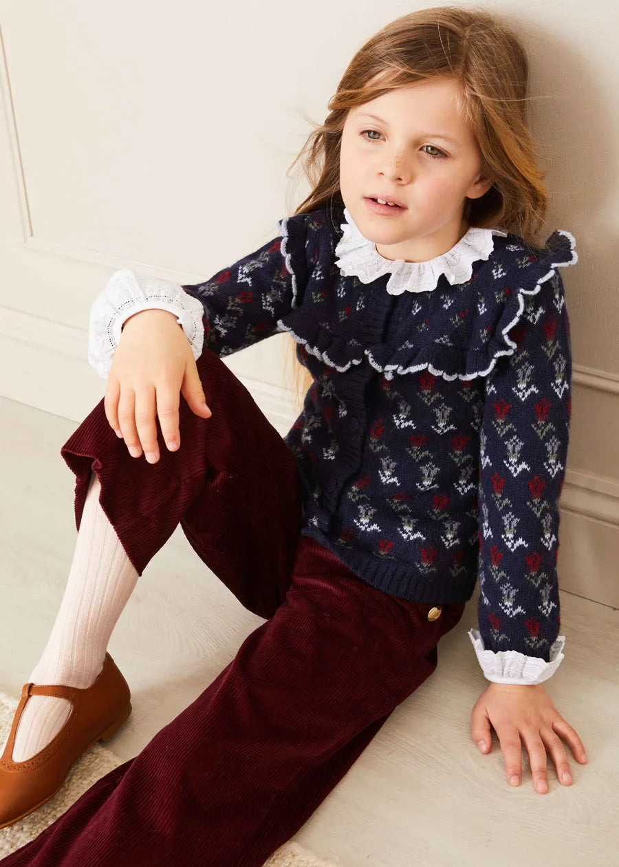 Blue Floral Ruffle Bib Cardigan for Girls (2-10 Years) - Perfect for Spring Outfits, School Wear & Special Occasions