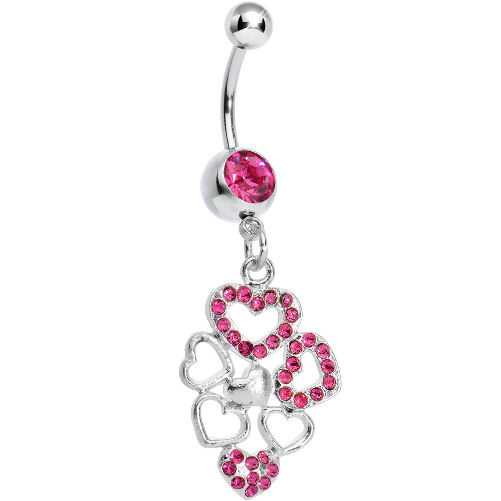 Body Candy Pink Clusters of Love Heart Dangle Belly Ring - Stylish Navel Piercing Jewelry for Women | Perfect for Summer, Beach & Casual Outfits