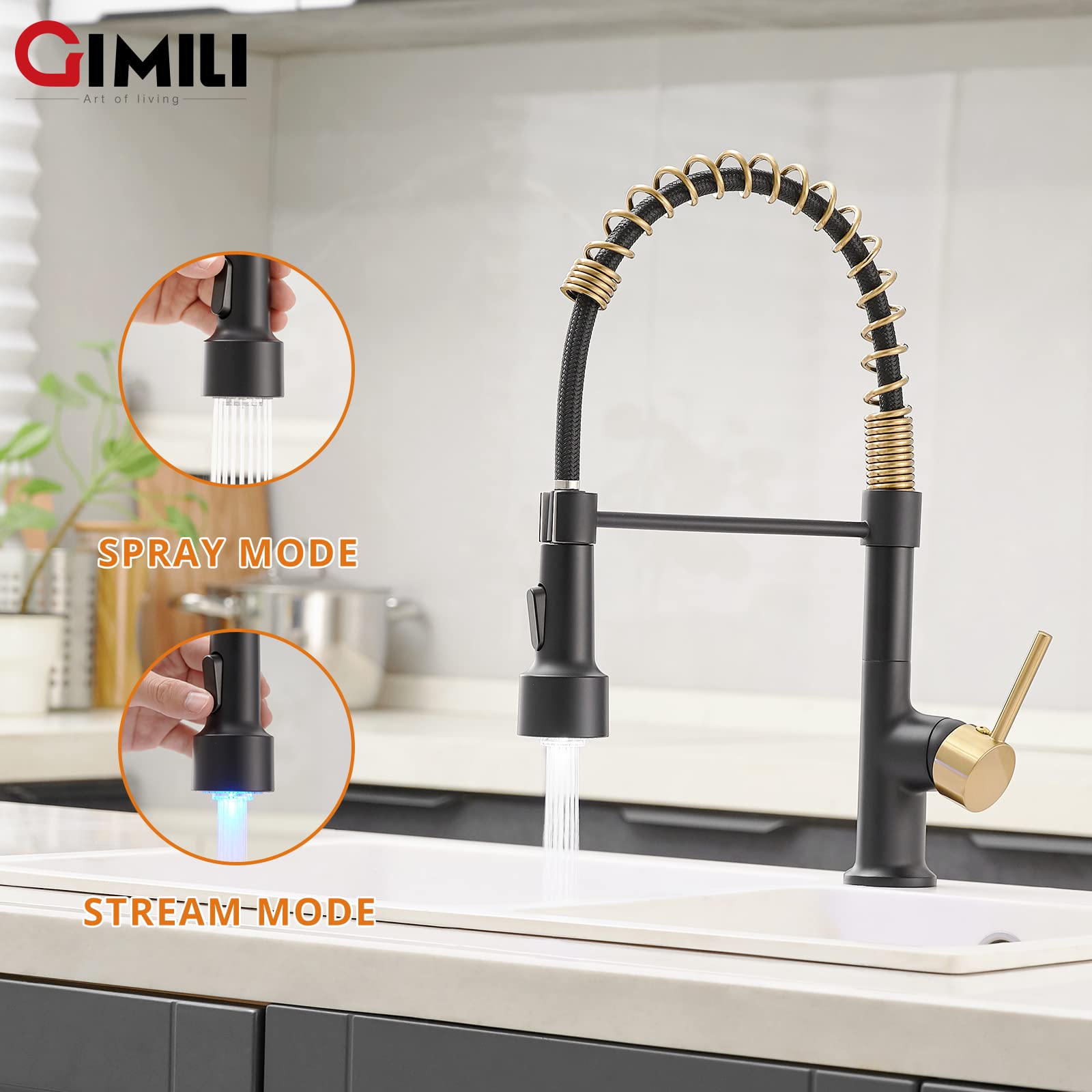 GIMILI Black and Gold Kitchen Faucet with Pull Down Sprayer - LED Light Modern Sink Faucet for Home, Restaurant & Commercial Use