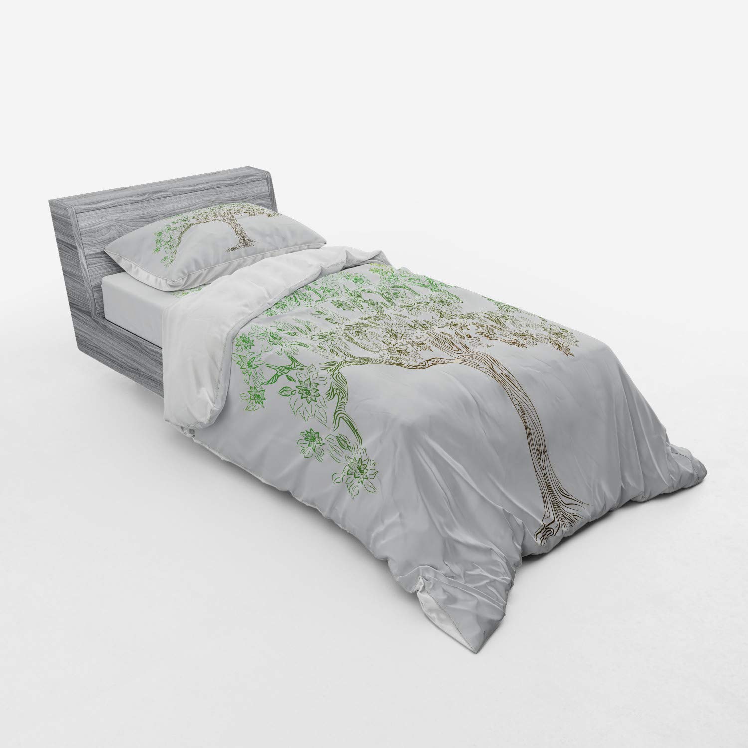 Ambesonne Tree Duvet Cover Set - 3 Piece Twin Size Bedding with Oak Leaf Illustration in Brown, Fern Green & Pale Green | Perfect for Summer Bedroom Decor & Nature-Themed Home Styling