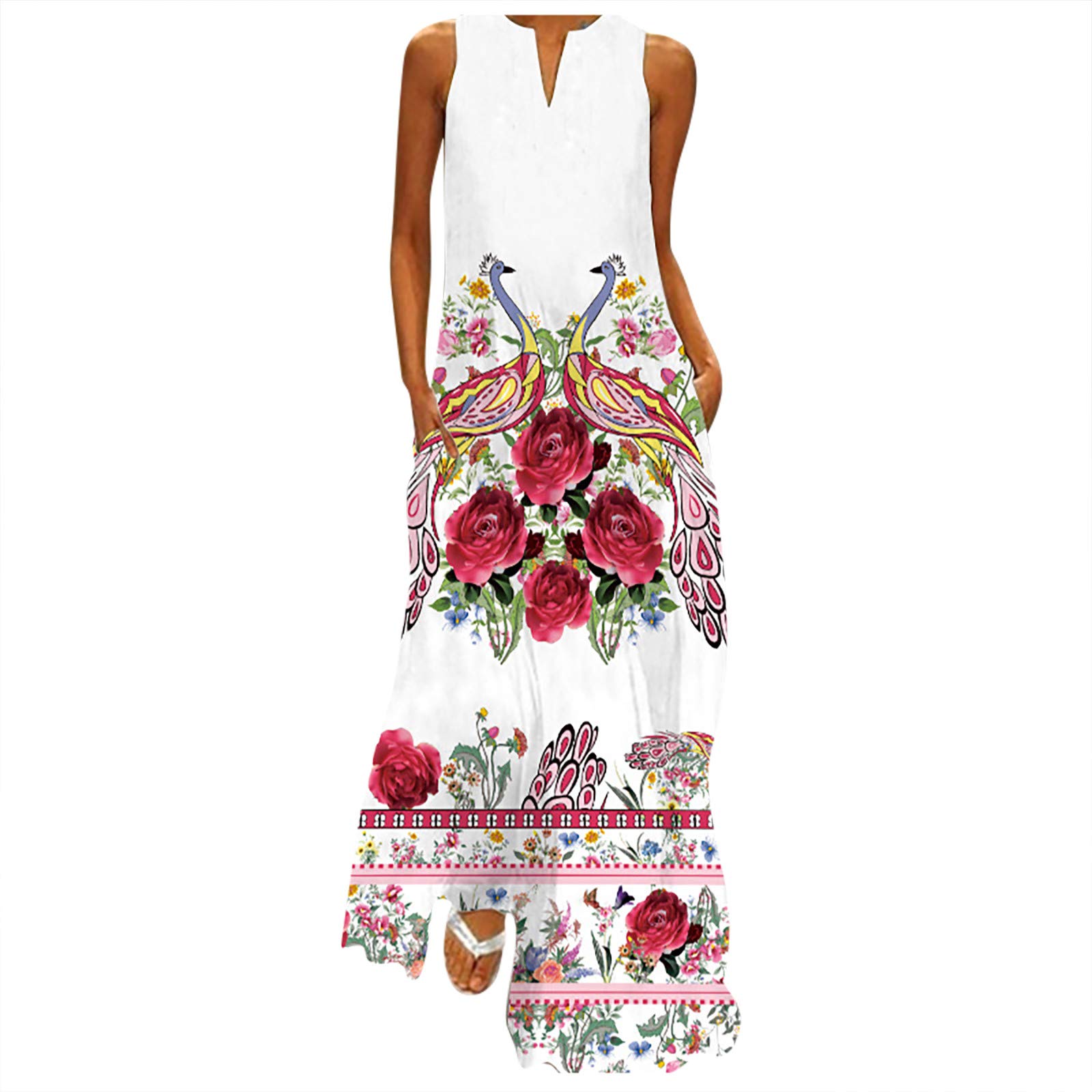 ONHUON Women's Long Maxi Dress - Sleeveless Plus Size V-Neck Summer Dress with Pockets | Casual Beachwear, Vacation Outfit & Evening Wear