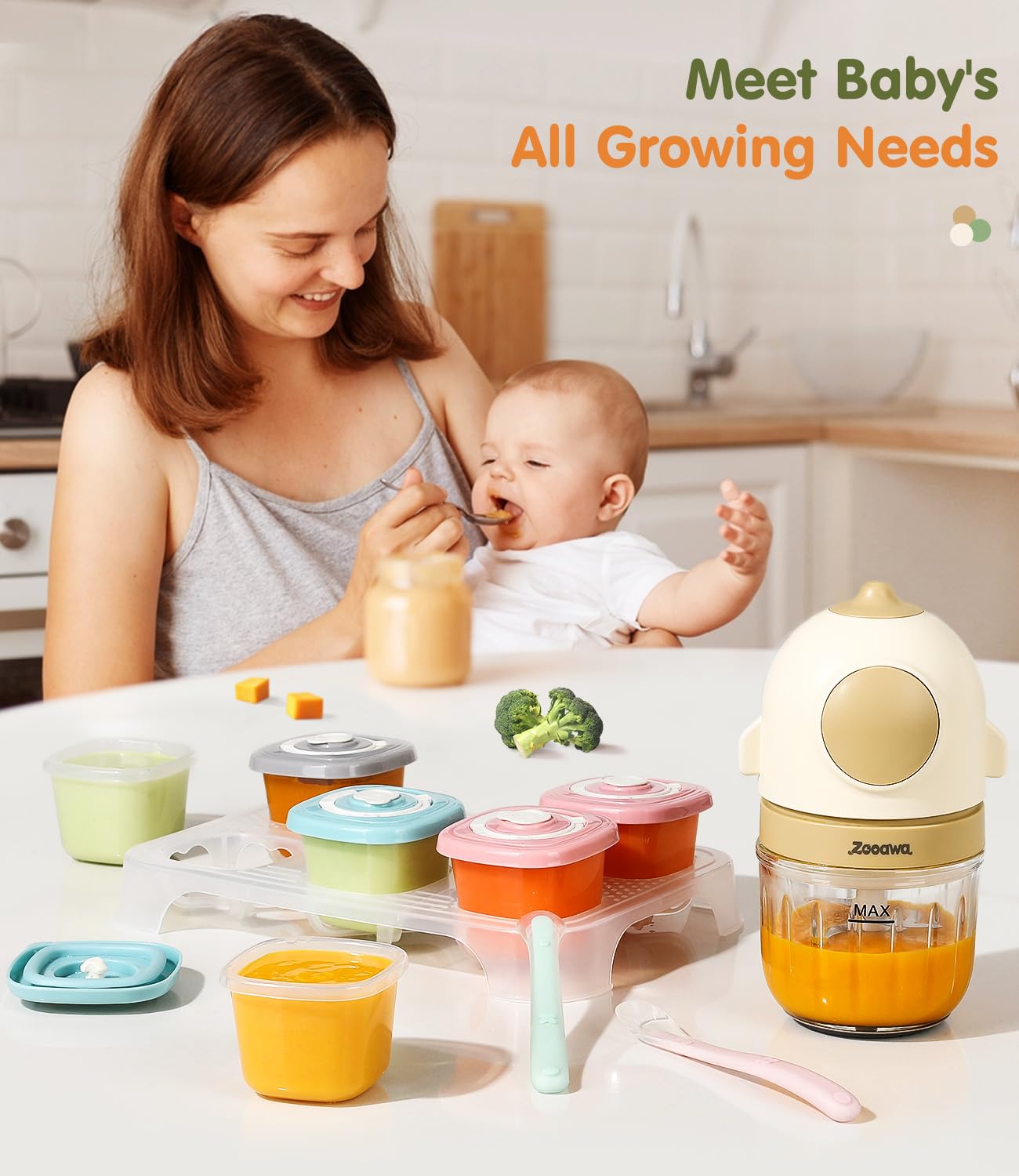 Zooawa 13-in-1 Baby Food Maker & Processor - Steam, Blend & Puree Fruits, Vegetables & Meat - Includes Silicone Spoon & Storage Containers - Perfect Baby Shower Gift for New Parents (Beige) | Ideal for Homemade Baby Food Prep & On-the-Go Feeding