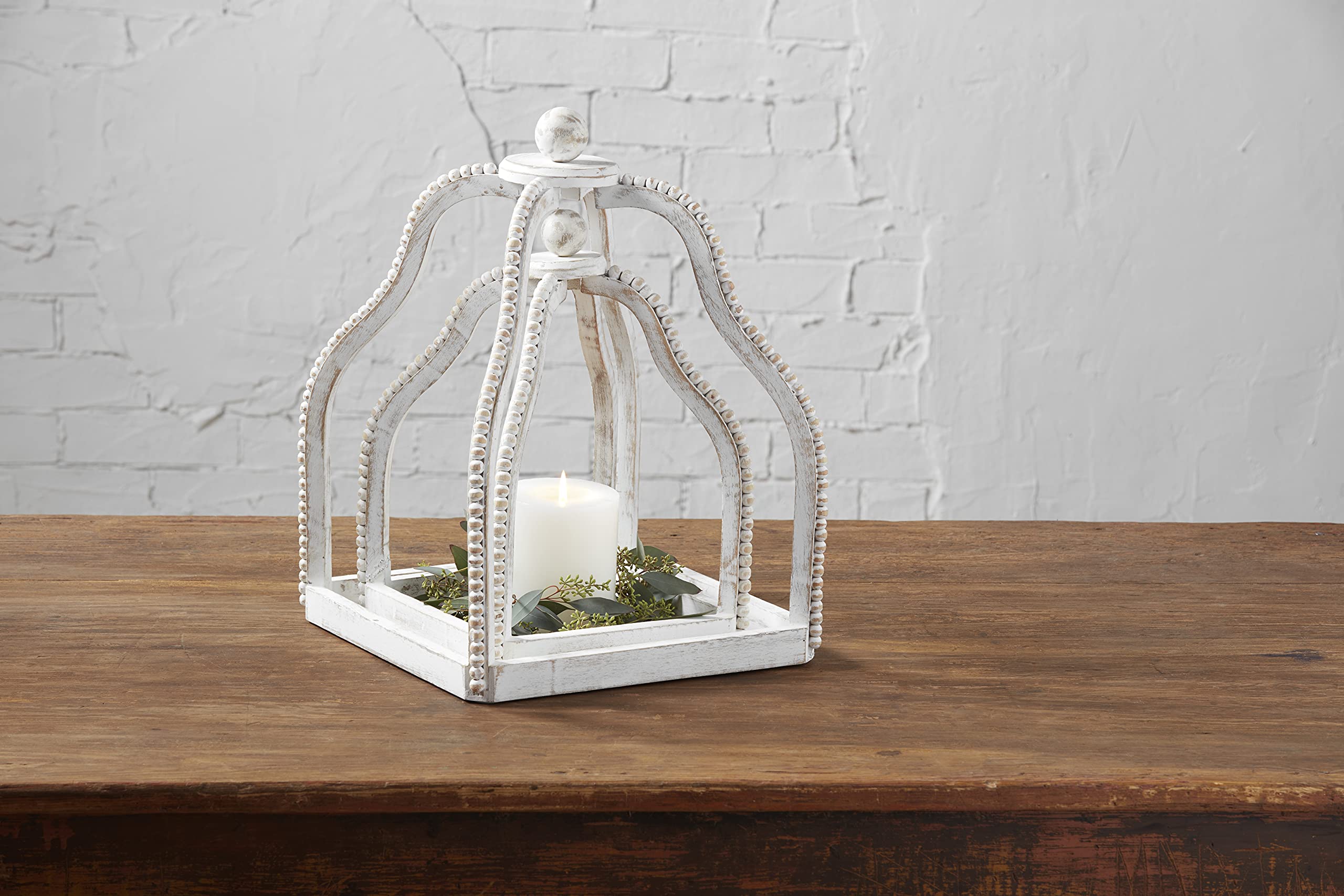 Distressed White Wash Wood Beaded Lantern Set by Mud Pie - Rustic Farmhouse Decor for Patio, Garden, Wedding & Home Decoration
