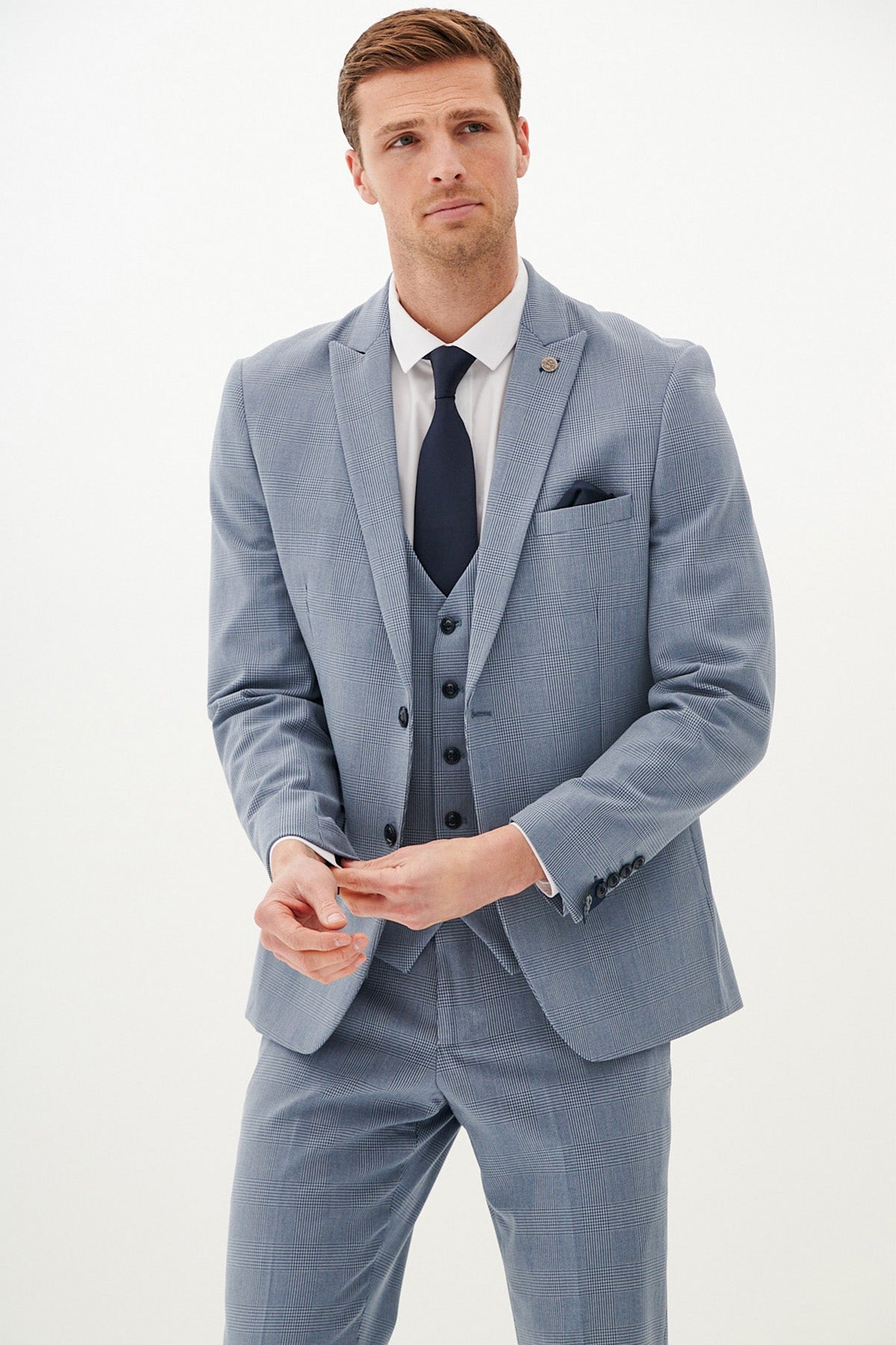 BROMLEY Sky Blue Check Three Piece Suit for Men - Classic Formal Business Attire | Perfect for Weddings, Office Meetings & Special Events